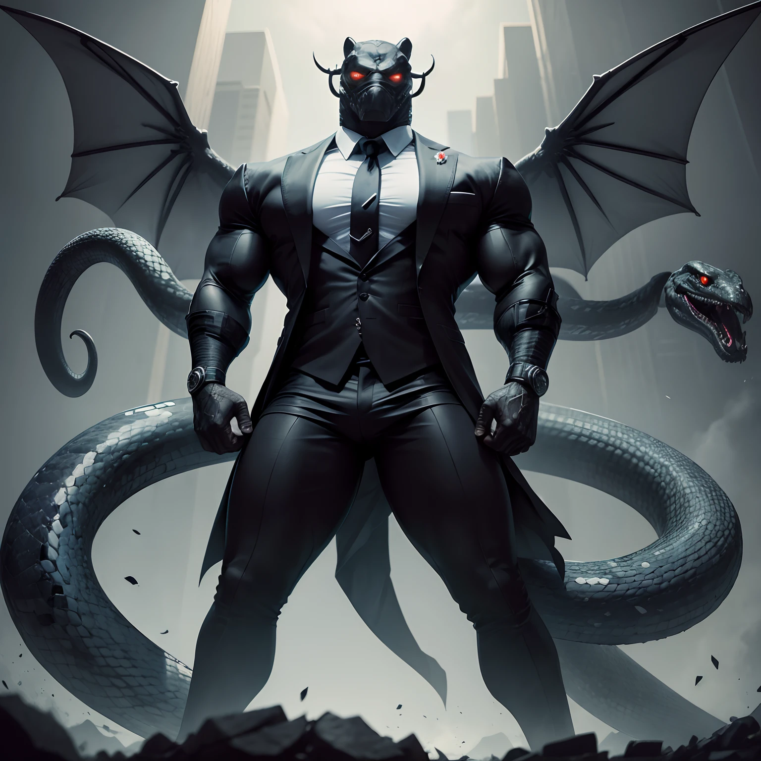 Humanoid snake muscled , with a snake's head black with a tail with 2 huge arms , in suit with a tie , full body