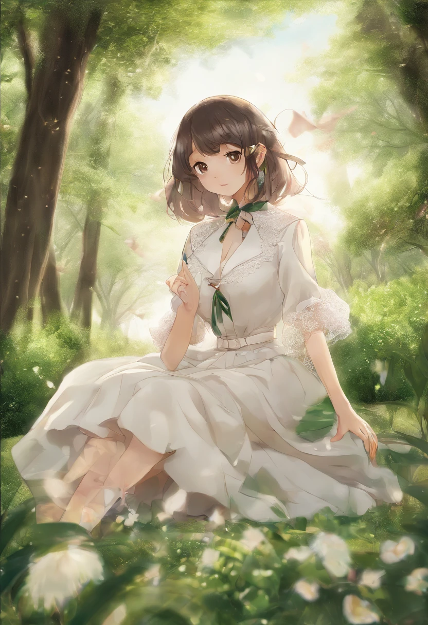 Sunny day, Elegant photo of girl in blazer dress, (Puffy eyes:1.05), (White lace shirt), Platinum brown hair, (angled bob:1.4), Flat bangs, (Flowing hair), Smile slightly, cheerfulness, blissful, highdetailskin, skin pore, stunning innocent symmetry face, Long eyelashes, Black eyeliner, Light gold eyeshadow,(Sit in the class), Crossed_Legs, Emotional, Wind, park, green trees, Grass, Masterpiece, Best quality, Photorealistic,
