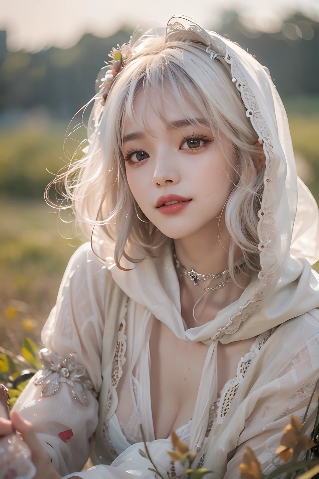 ((Upper shot))、(photoreal stick:1.2)、8k words、highest resolution、(2 women)、In my 20s、(seeing the view)、(gray hair), (medium hair)、(Patchoon bangs)、((best smile))、(high quality shadows)、Beautiful delicate face with details、Beautiful and delicate eyes with details、pretty kpop girl、(korean urzan face)、(Ulzzang-6500-v1.1:0.6)、pure face_v1、Glow Eyes、perfect body、 Amazing dynamic range photos(Utility_Art by Smoose-768:1.1),(wet your head)、(wet skin)、 teak、bright red lipstick、shiny lips、(choker)、((brown eyes))、((beautiful fingers))、 shiny hair、Description Beautiful delicate hair、(shiny skin)、(hooded knit dress)、Sitting on the grass at the bottom of a river in the dazzling sunlight、