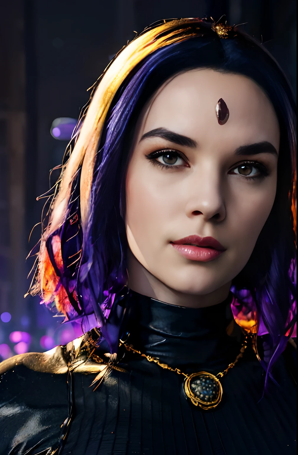 Portrait of  alinitydivine as rvn, hotraven, beautiful face, detailed face, pale skin, black leotard, turtleneck, tights, gold belt, jewels, medallion, athletic, looking at viewer, night, dark temple,  best quality, masterpiece, intricate details, tonemapping, sharp focus, hyper detailed, realistic