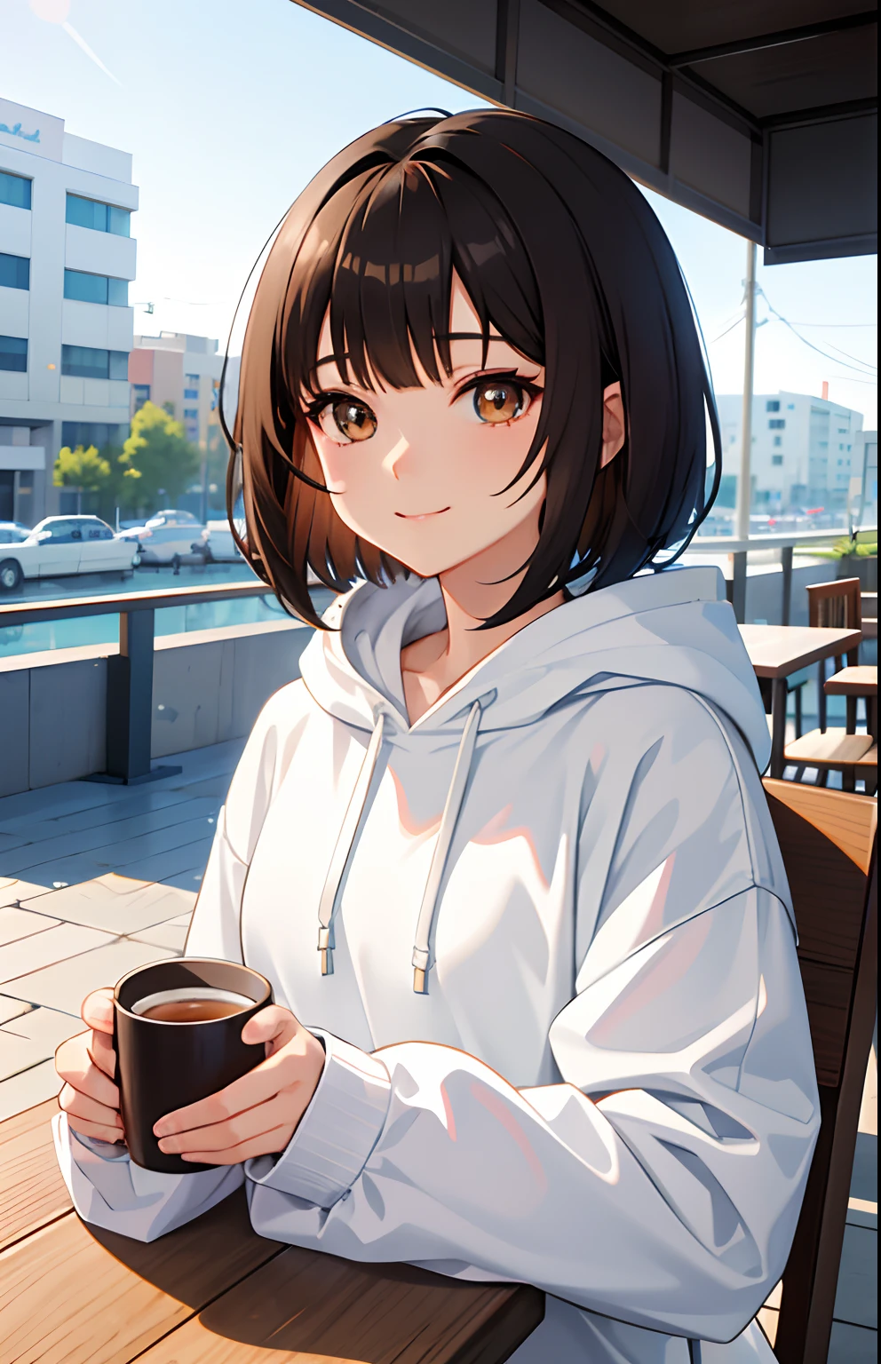 White hoodie, Anime Girl, Anime girl with brown eyes, One Conclusion, detailed anime soft face, cute anime face, Huge bright eyes, soft anime illustration, anime moe art style, Flat anime style shading, In an anime style, Stylized anime, a smile, 发光, dark brown hair, drinking a cup of coffee, Relaxing in a café, mug cup, bob cuts