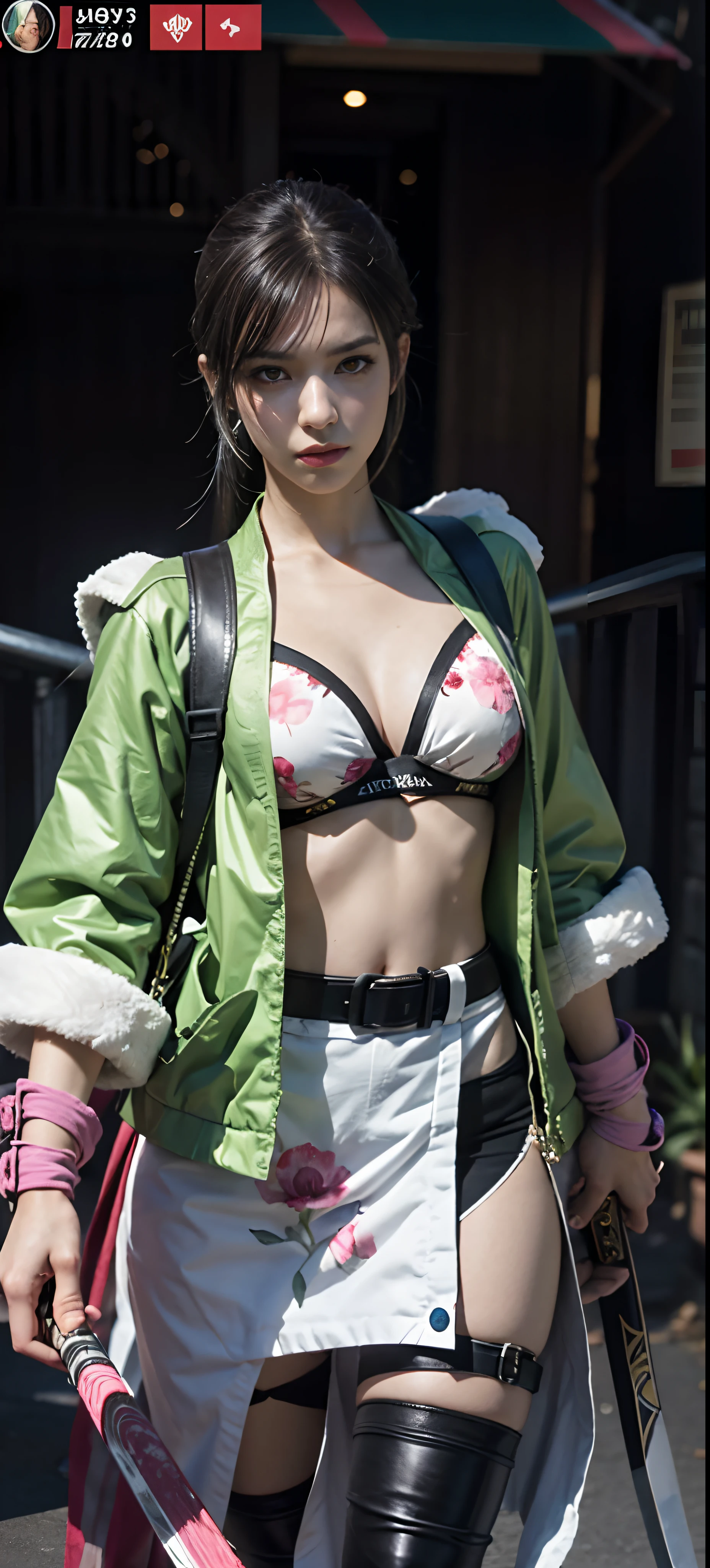 a close up of a person in a costume with a sword, as a character in tekken, female character, tifa lockhart with white hair, katana zero video game character, lunar themed attire, kda, slim body, cyborg - girl with silver hair, upper body avatar, (( medium breast;1.2)), fashion gameplay screenshot, fighting game character, new character, floralpunk elysian maiden, sigma female