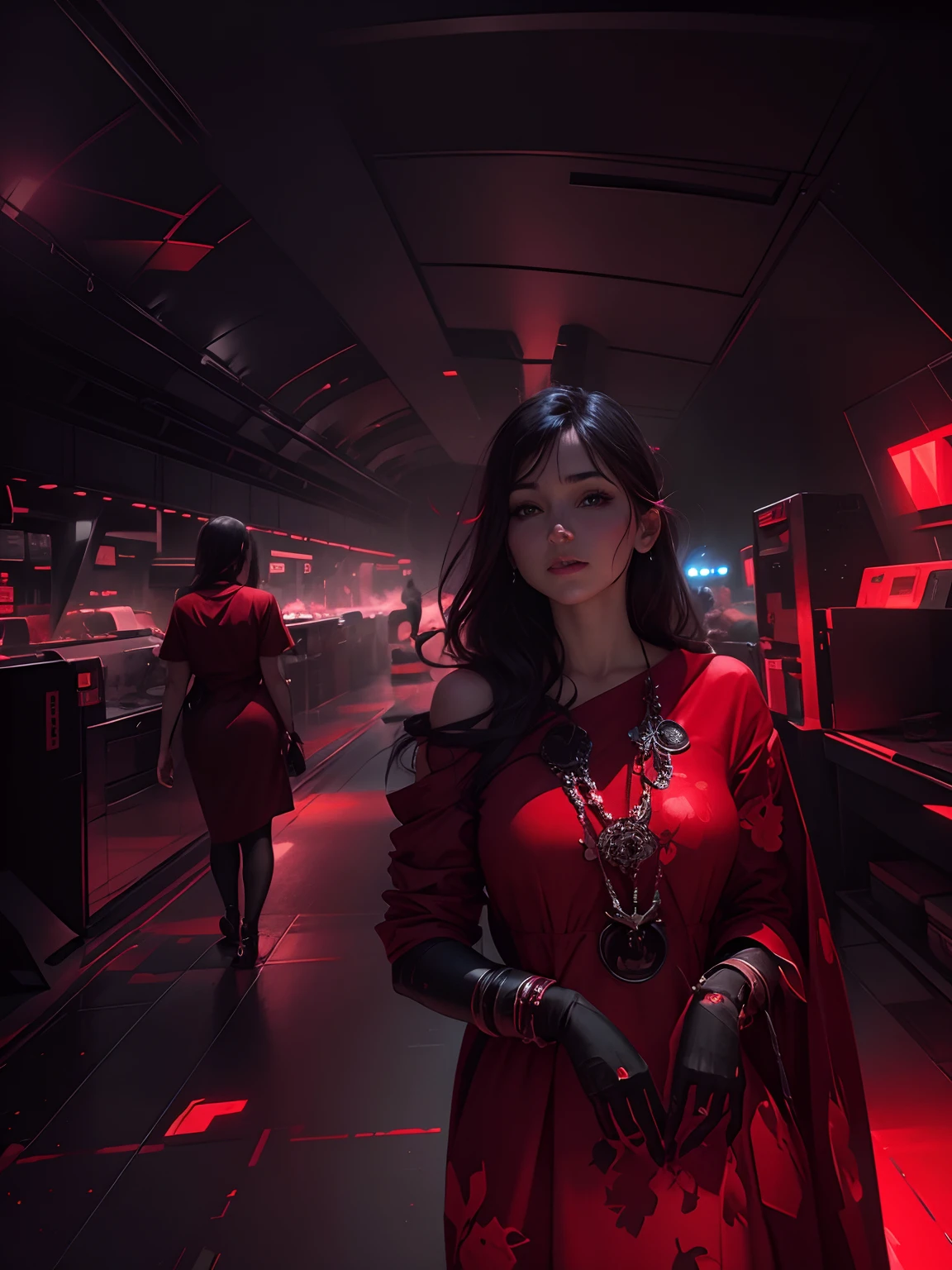 Dark futuristic background realstic face Red dress