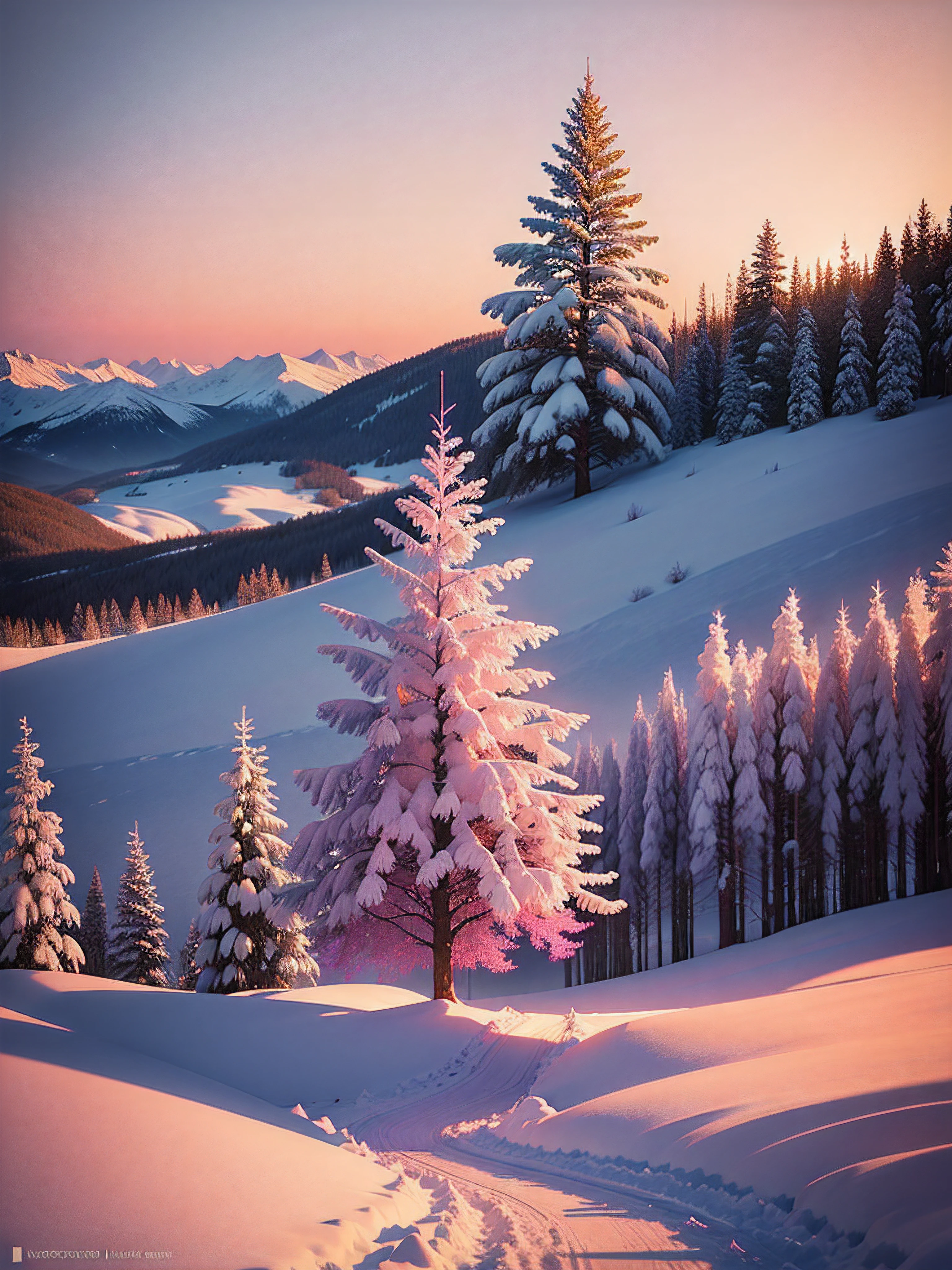 A picturesque winter sunset overlooking a pristine snow-covered landscape( (, with vibrant hues of pink, orange, and purple)). The sky is adorned with wisps of fiery clouds((, resembling strokes of an impressionist painting)). A solitary evergreen tree((, gracefully draped with glistening icicles)), stands tall in the foreground, casting a long shadow on the untouched snow. The air is filled with a serene stillness, as if time itself has paused to admire the breathtaking scene((, while delicate snowflakes artfully dance their way to the ground))., sticker, 2d cute, fantasy, dreamy, vector illustration, 2d flat, centered, professional, sleek, modern, minimalist, graphic, line art, vector graphics