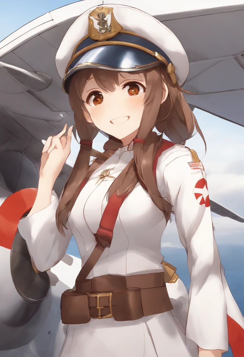 1girl, ryuujou (kancolle), solo, brown hair, twintails, brown eyes, visor cap, magatama, open mouth, aircraft, smile, airplane, white background, japanese clothes, simple background, kariginu, upper body, long hair