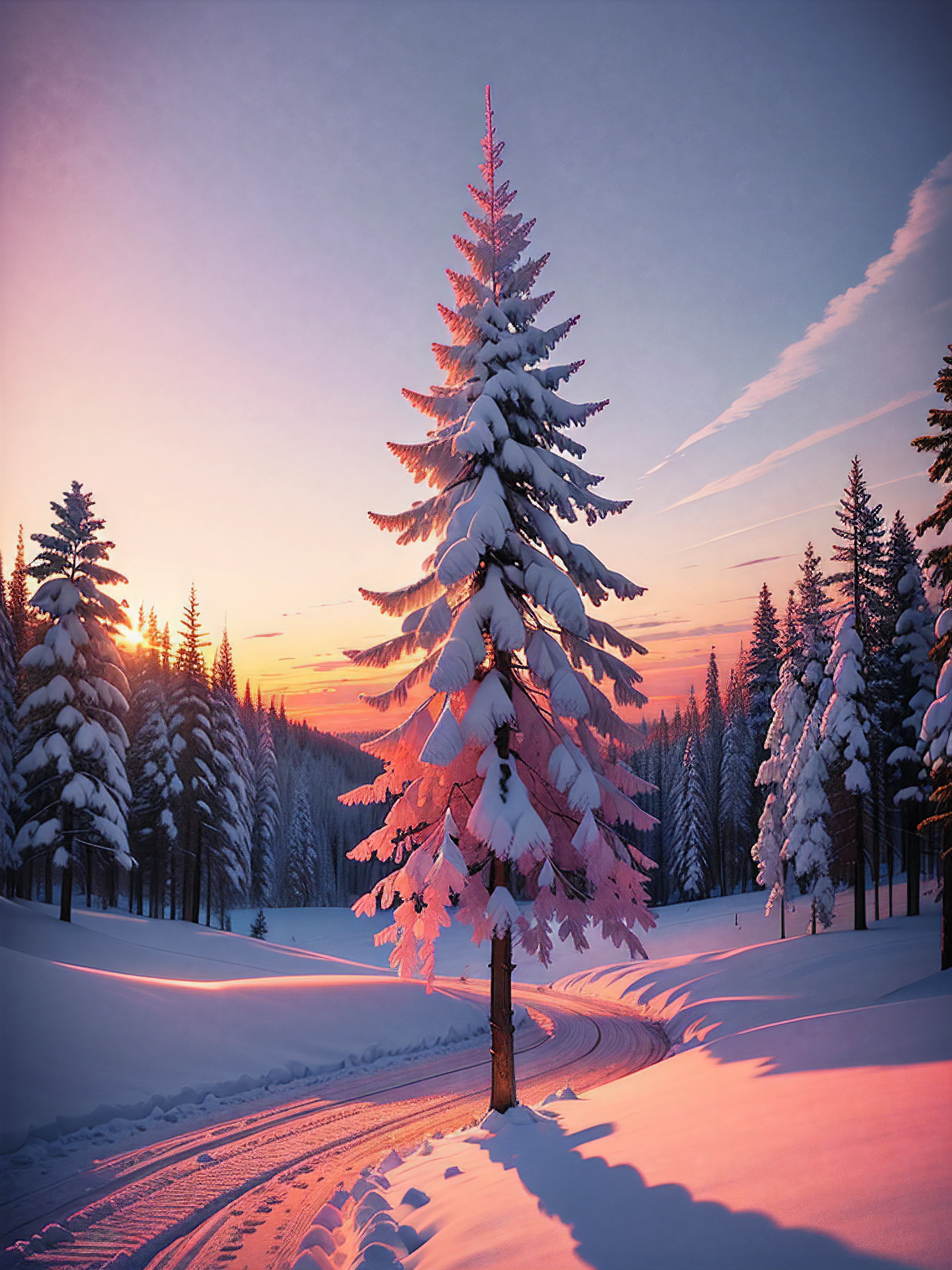 A picturesque winter sunset overlooking a pristine snow-covered landscape( (, with vibrant hues of pink, orange, and purple)). The sky is adorned with wisps of fiery clouds((, resembling strokes of an impressionist painting)). A solitary evergreen tree((, gracefully draped with glistening icicles)), stands tall in the foreground, casting a long shadow on the untouched snow. The air is filled with a serene stillness, as if time itself has paused to admire the breathtaking scene((, while delicate snowflakes artfully dance their way to the ground))., sticker, 2d cute, fantasy, dreamy, vector illustration, 2d flat, centered, professional, sleek, modern, minimalist, graphic, line art, vector graphics