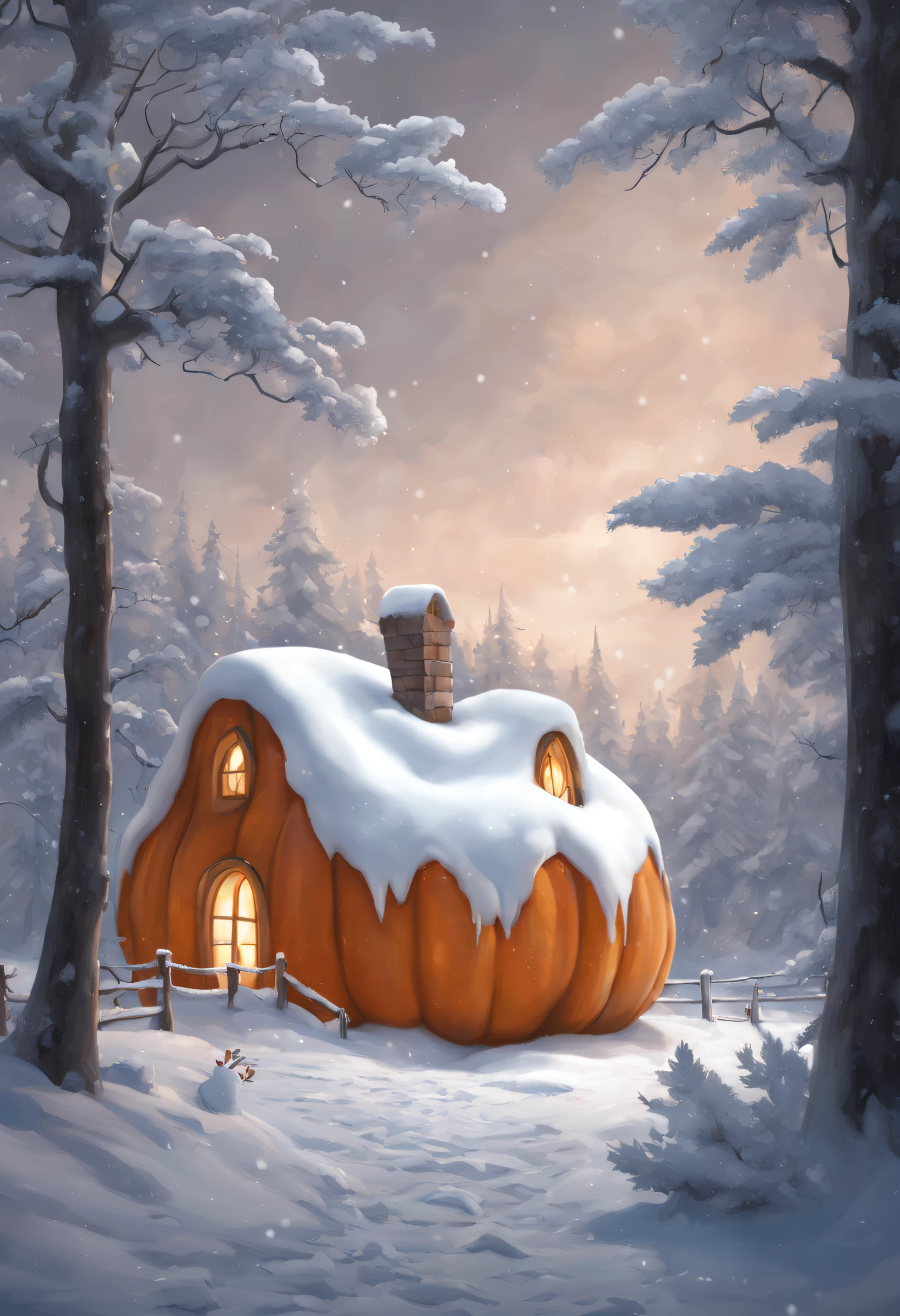 In the wintertime, a giant (pumpkin-shaped of house) made entirely of snow stands in a field,(no pumpkin:1.4), with thick layers of snow covering every inch of its branches. In the distance, there is a small path, with snowflakes dancing in the air, creating a serene and healing atmosphere. (best quality,8k,ultra-detailed,photorealistic:1.37),landscape,painting,snowy pumpkin-shaped tree,calm winter ambiance,dreamy atmosphere,serenity.