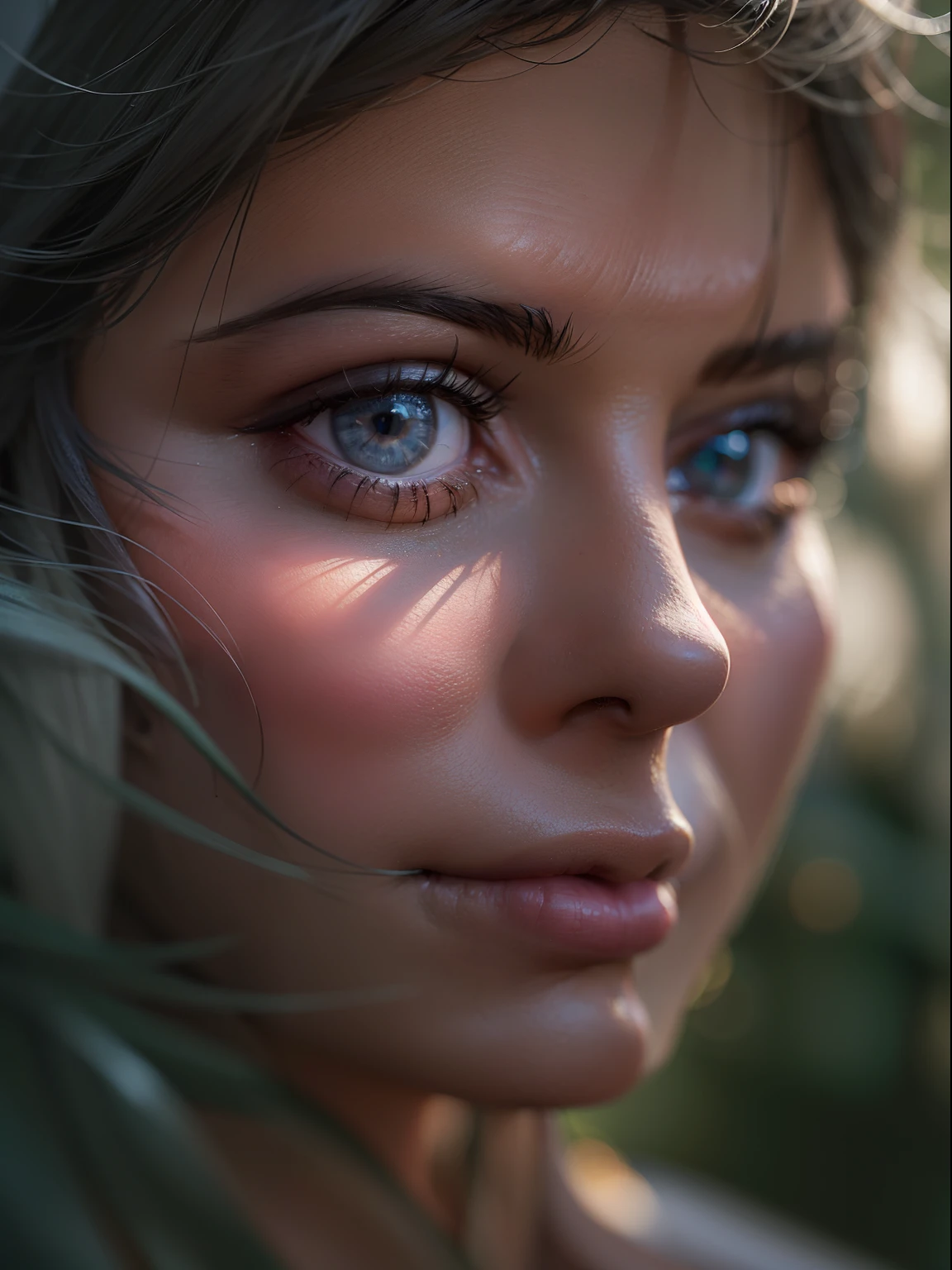 RAW photo, photography, photorealistic, 8k vibrant photograph of woman in nature, ultra detail, finely detailed, dramatic light, finely detailed beautiful eyes, detailed skin, depth of field, grey eyes