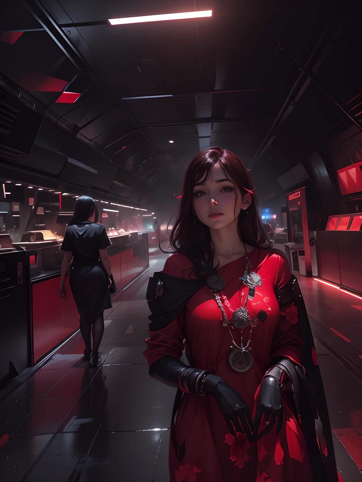Dark futuristic background realstic face Red dress