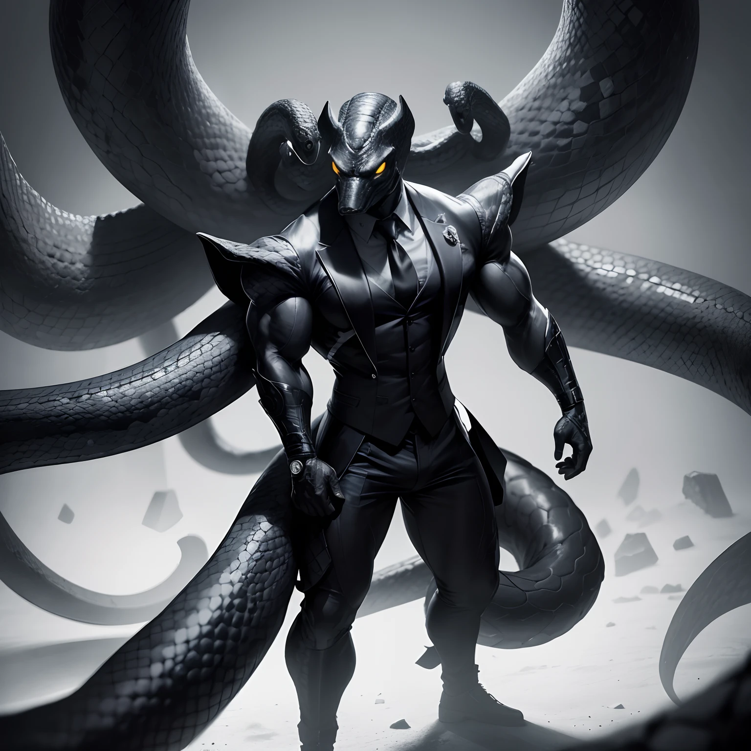 Humanoid snake muscled , with a snake's head black with a tail with 2 huge arms , in suit with a tie , full body