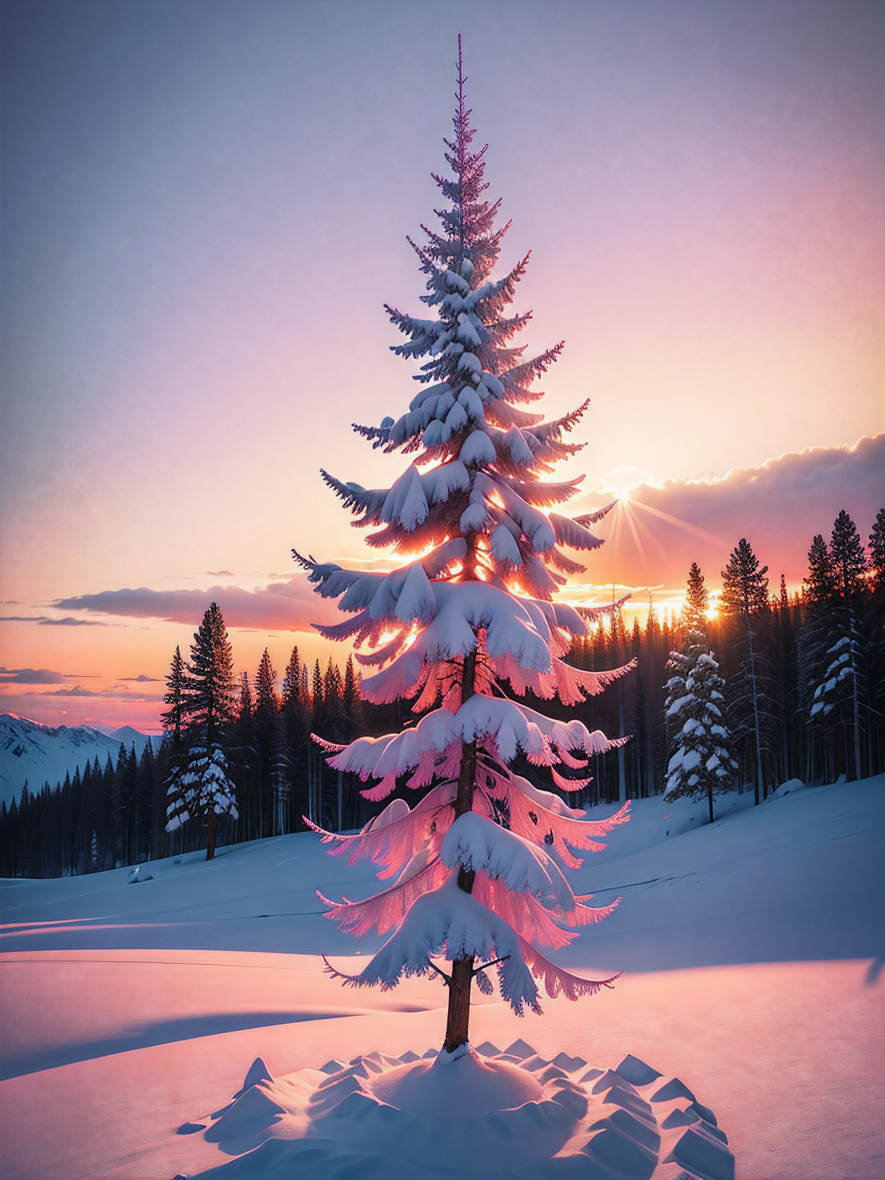 A picturesque winter sunset overlooking a pristine snow-covered landscape( (, with vibrant hues of pink, orange, and purple)). The sky is adorned with wisps of fiery clouds((, resembling strokes of an impressionist painting)). A solitary evergreen tree((, gracefully draped with glistening icicles)), stands tall in the foreground, casting a long shadow on the untouched snow. The air is filled with a serene stillness, as if time itself has paused to admire the breathtaking scene((, while delicate snowflakes artfully dance their way to the ground))., sticker, 2d cute, fantasy, dreamy, vector illustration, 2d flat, centered, professional, sleek, modern, minimalist, graphic, line art, vector graphics