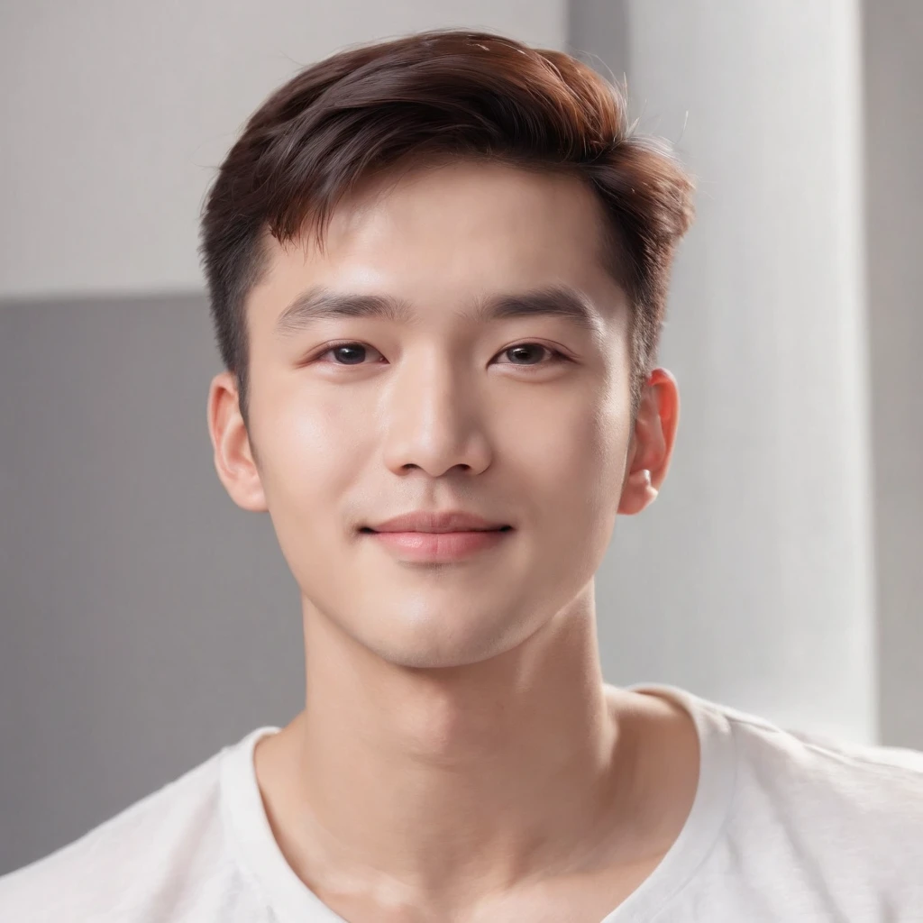 (Photo: 1.3) af (realistic: 1.3), East Asian man, soft light, clear face, front, ((white T-shirt)), cheerful, warm light, ((gray-white gradient background)), smile, (background)) ,avatar,(short hair),handsome,young,,short hair,((avatar))