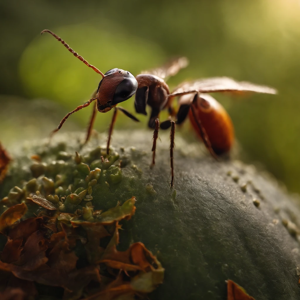an ant on the top of Halloween pumpkin,(tmasterpiece,best qualityer:1.2),the rule of thirds、200 mm 1.4F macro shooting,very delicate beautiful,the best lights,The best shadow,Render the background, stylized 3d render,Beautiful scenery, Autumn, Red maples fly, Long lens tracking photography