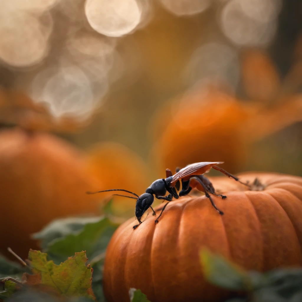 an ant on the top of Halloween pumpkin,(tmasterpiece,best qualityer:1.2),the rule of thirds、200 mm 1.4F macro shooting,very delicate beautiful,the best lights,The best shadow,Render the background, stylized 3d render,Beautiful scenery, Autumn, Red maples fly, Long lens tracking photography