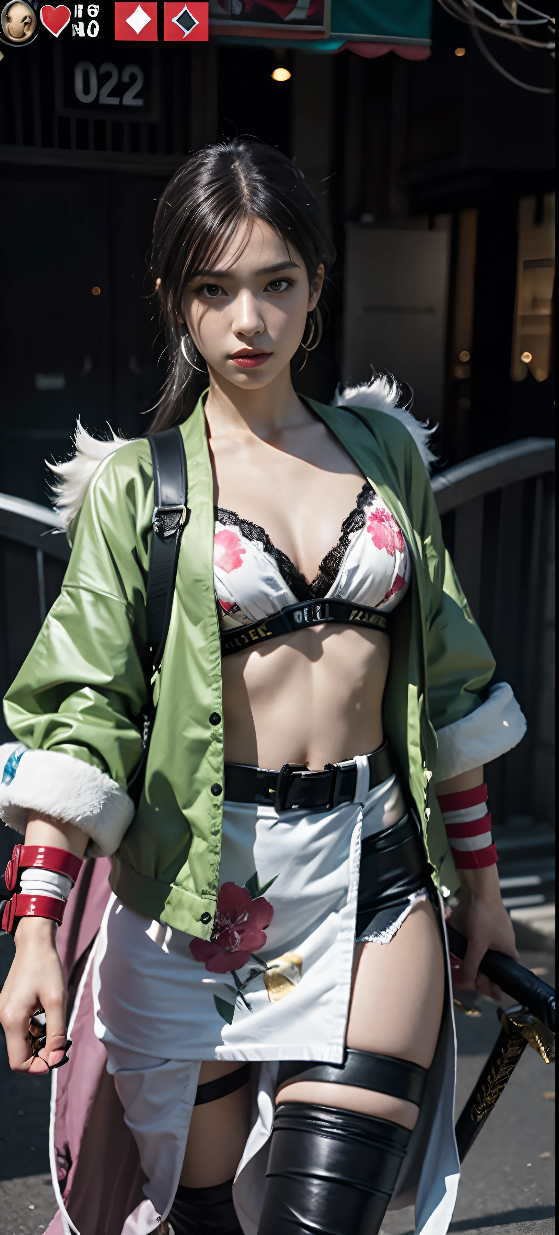 a close up of a person in a costume with a sword, as a character in tekken, female character, tifa lockhart with white hair, katana zero video game character, lunar themed attire, kda, slim body, cyborg - girl with silver hair, upper body avatar, (( medium breast;1.2)), fashion gameplay screenshot, fighting game character, new character, floralpunk elysian maiden, sigma female