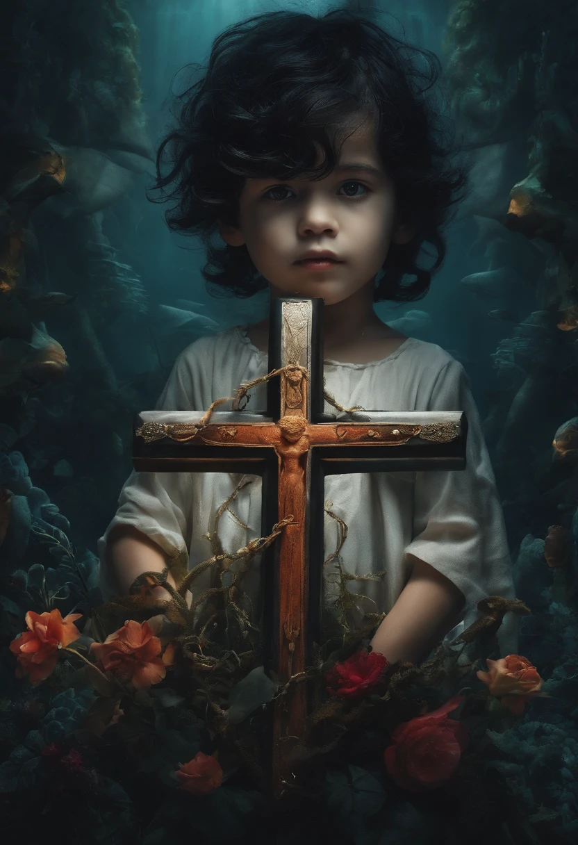 In the deep sea,Black broken hair,A tied to a cross,It is surrounded by white bones