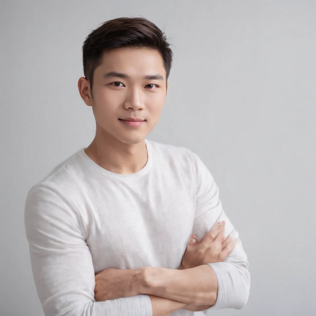 (Photo: 1.3) af (realistic: 1.3), East Asian man, soft light, clear face, front, ((white T-shirt)), cheerful, warm light, ((gray-white gradient background)), (background)) ,avatar,(short hair),handsome,young,,short hair,((avatar))