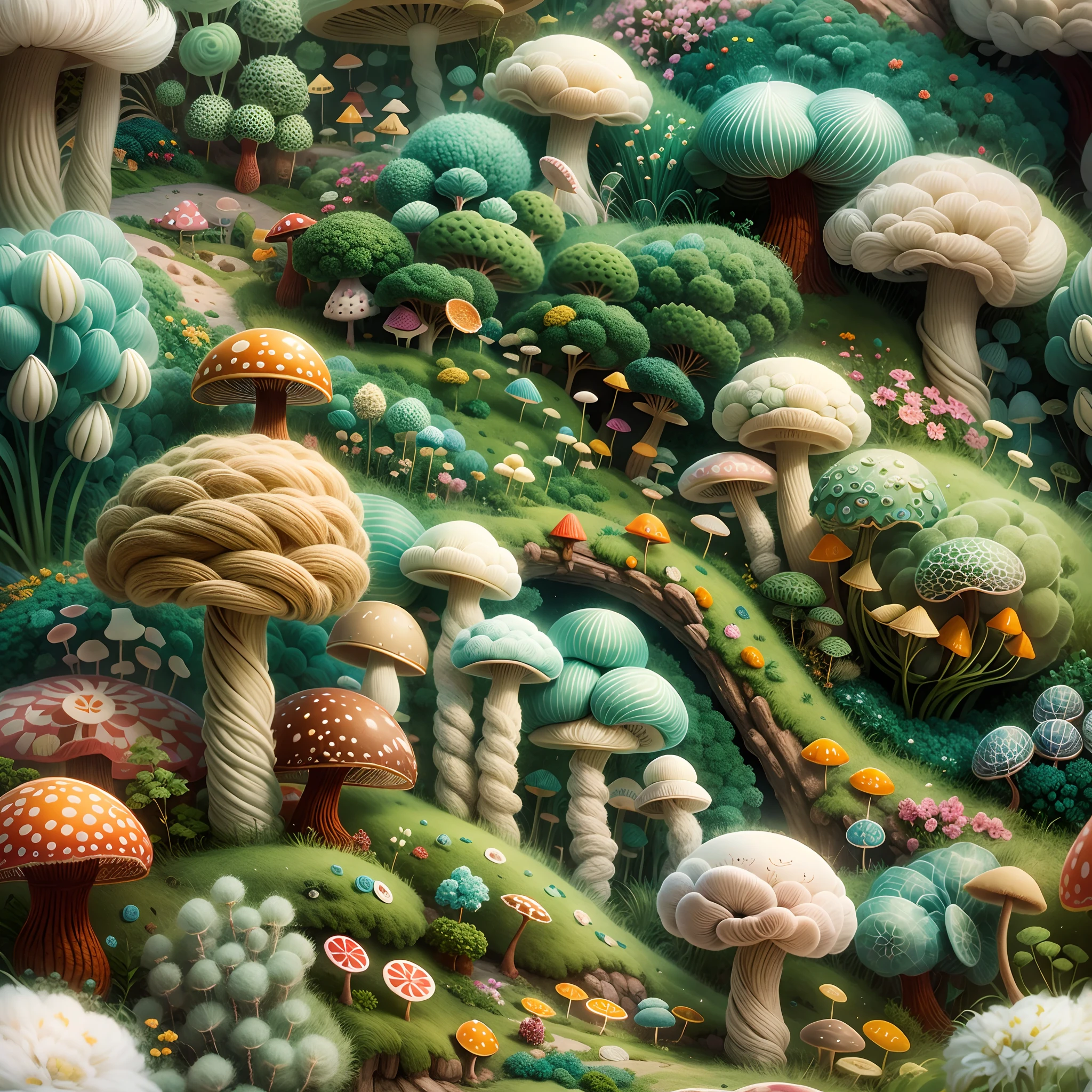 Wool felt animation,Dreamy Wonderland,an enchanted forest,Fluffy clouds,Superb needlework details,Imaginative landscape,Soft touch,Knitted fabric transformation,Subtle lighting effects,Enhance depth and atmosphere,A richly saturated color palette,Artfully hand-dyed wool fibers,Lush greenery, Vibrant mushrooms, The magical world of wool felt.