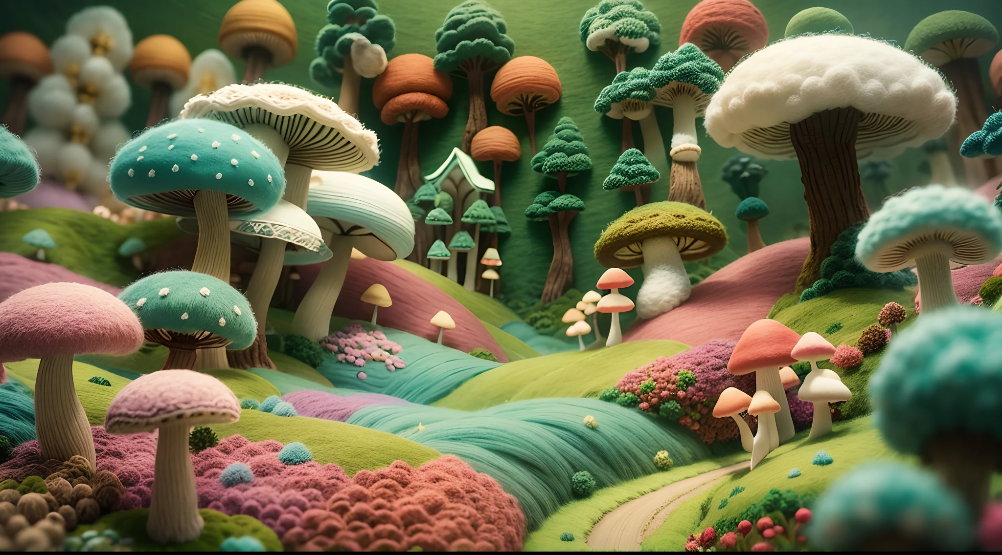 Wool felt animation,Dreamy Wonderland,an enchanted forest,Fluffy clouds,Superb needlework details,Imaginative landscape,Soft touch,Knitted fabric transformation,Subtle lighting effects，Enhance depth and atmosphere,A richly saturated color palette,Artfully hand-dyed wool fibers,Lush greenery, Vibrant mushrooms, The magical world of wool felt.