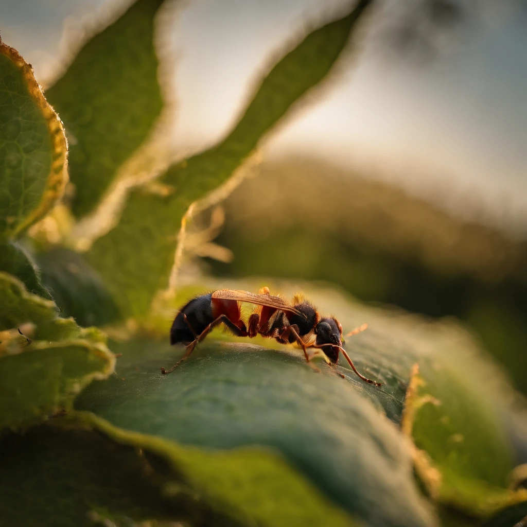 an ant on the top of Halloween pumpkin,(tmasterpiece,best qualityer:1.2),the rule of thirds、200 mm 1.4F macro shooting,very delicate beautiful,the best lights,The best shadow,Render the background, stylized 3d render,Beautiful scenery, Autumn, Red maples fly, Long lens tracking photography