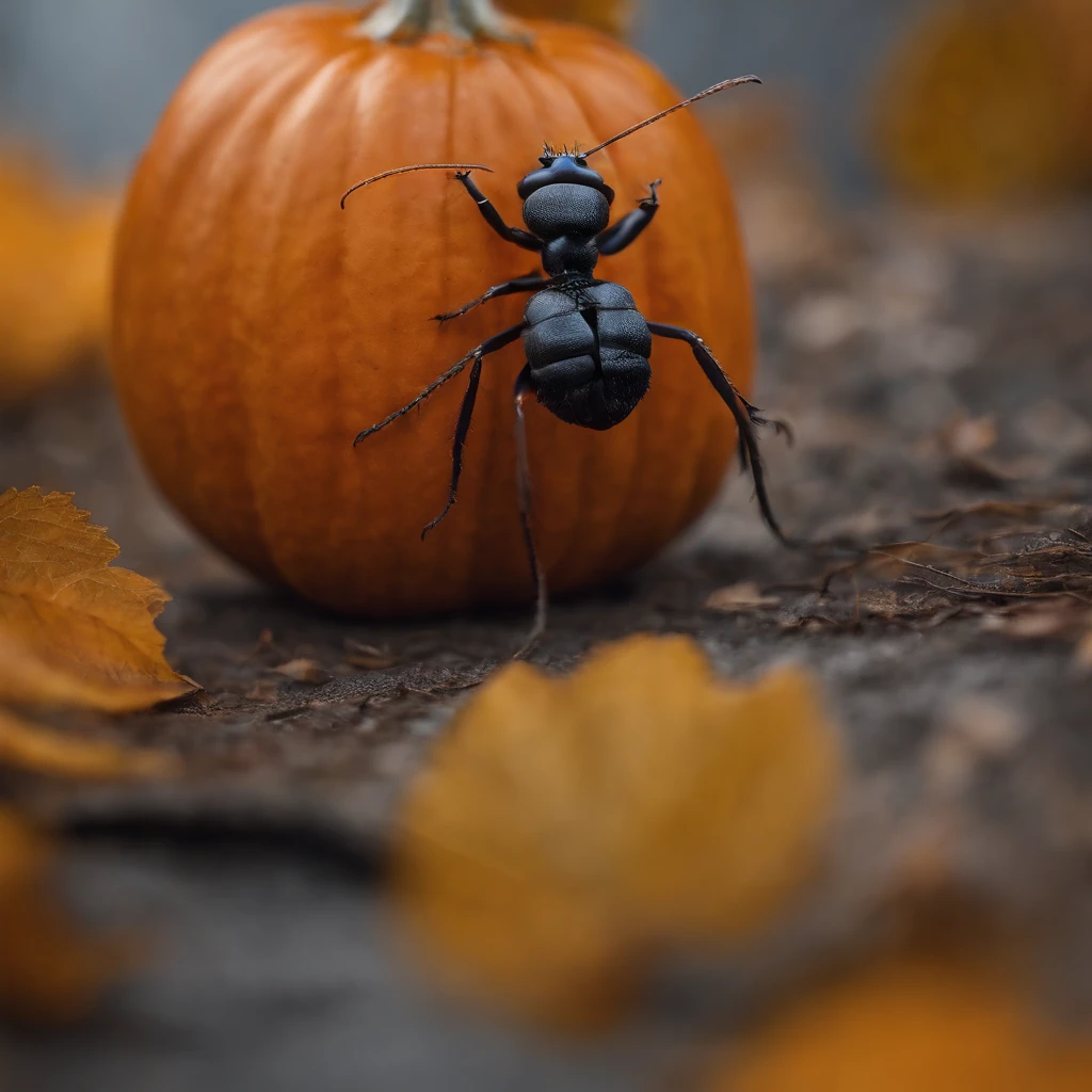 an ant on the top of Halloween pumpkin,(tmasterpiece,best qualityer:1.2),the rule of thirds、200 mm 1.4F macro shooting,very delicate beautiful,the best lights,The best shadow,Render the background, stylized 3d render,Beautiful scenery, Autumn, Red maples fly, Long lens tracking photography
