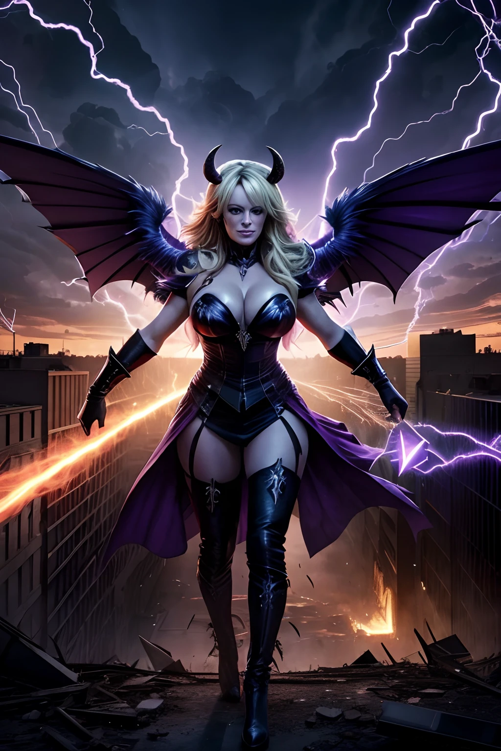 Stormy Daniels as a hyper-giant, Hyper-powerful demon with a demon horn on its head and demon wings, and throws purple lightning bolts at a building and breaks buildings , ville en ruine post apocalyptique,