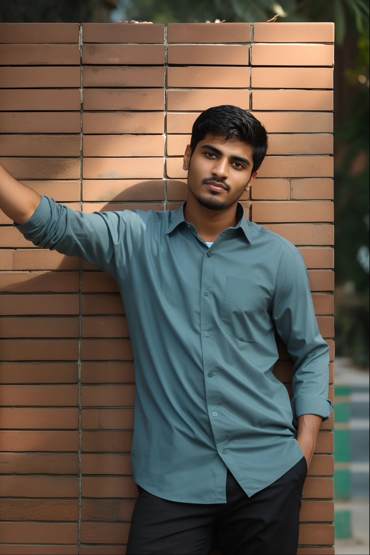arafed man leaning against a brick wall with his hand on a pole, jayison devadas style, jayison devadas, inspired by Bikash Bhattacharjee, mid shot portrait, ranjit ghosh, with a cool pose, photo taken with canon 5d, casual pose, inspired by Saurabh Jethani, candid picture, headshot profile picture, photo portrait,A young man with Egyptian features, to modern clothing, aux yeux vert, sexy, Seductive, seductive look, Ultra realistic photo, 8k, Skin Details, petite barbe,