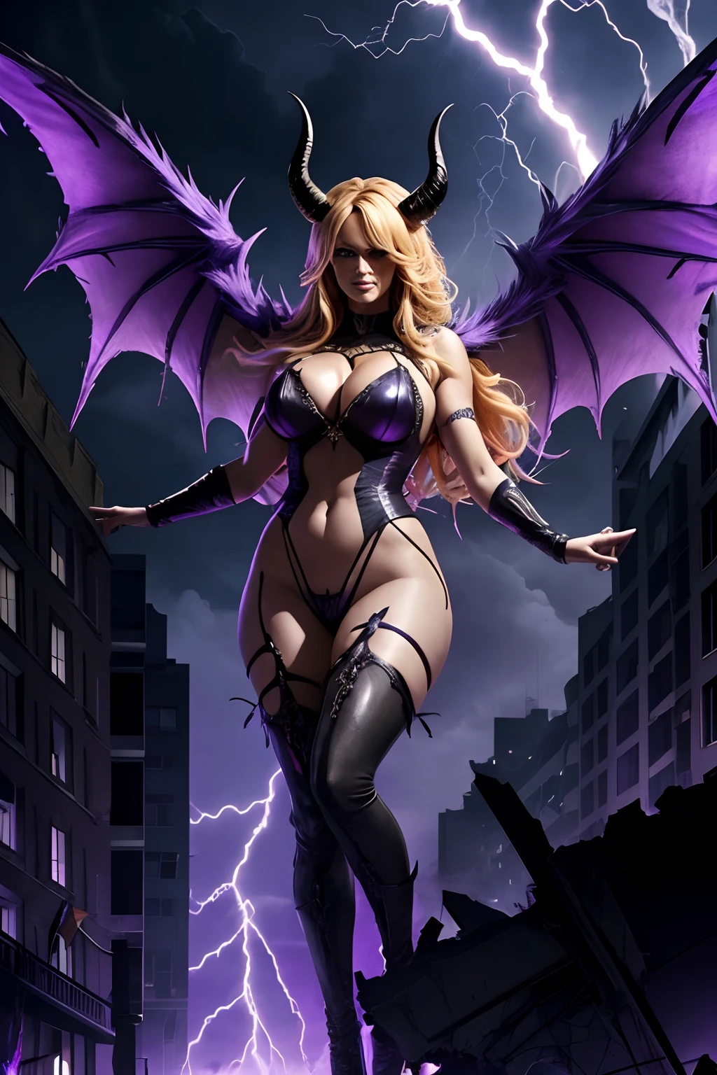 Stormy Daniels as a hyper-giant, Hyper-powerful demon with a demon horn on its head and demon wings, and throws purple lightning bolts at a building and breaks buildings , ville en ruine post apocalyptique,