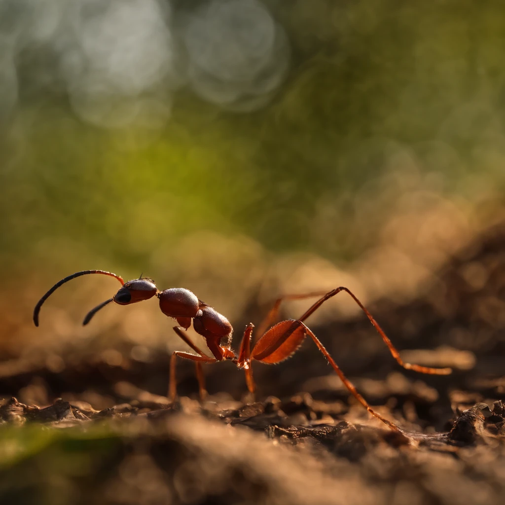 An ant with a transparent body stands in the forest,(tmasterpiece,best qualityer:1.2),the rule of thirds、200 mm 1.4F macro shooting,very delicate beautiful,the best lights,The best shadow,Render the background, stylized 3d render,Beautiful scenery, Autumn, Red maples fly, Long lens tracking photography