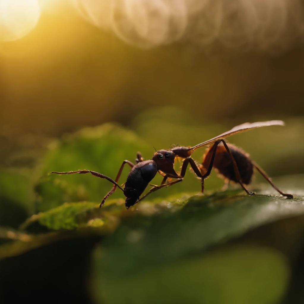 An ant with a transparent body stands in the forest,(tmasterpiece,best qualityer:1.2),the rule of thirds、200 mm 1.4F macro shooting,very delicate beautiful,the best lights,The best shadow,Render the background, stylized 3d render,Beautiful scenery, Autumn, Red maples fly, Long lens tracking photography