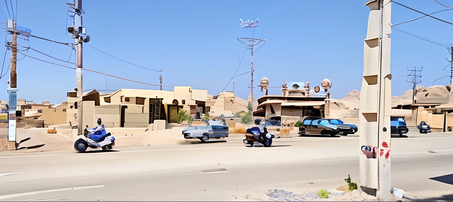 cars and motorcycles are driving down a street in a desert, one motorbike in center of frame, the photo was taken from afar, building in the distance, surrounding the city, image from afar, small town surrounding, temple in the distance, very very low quality picture, photo taken from far, street level view, in city street, more coherent, seen from afar