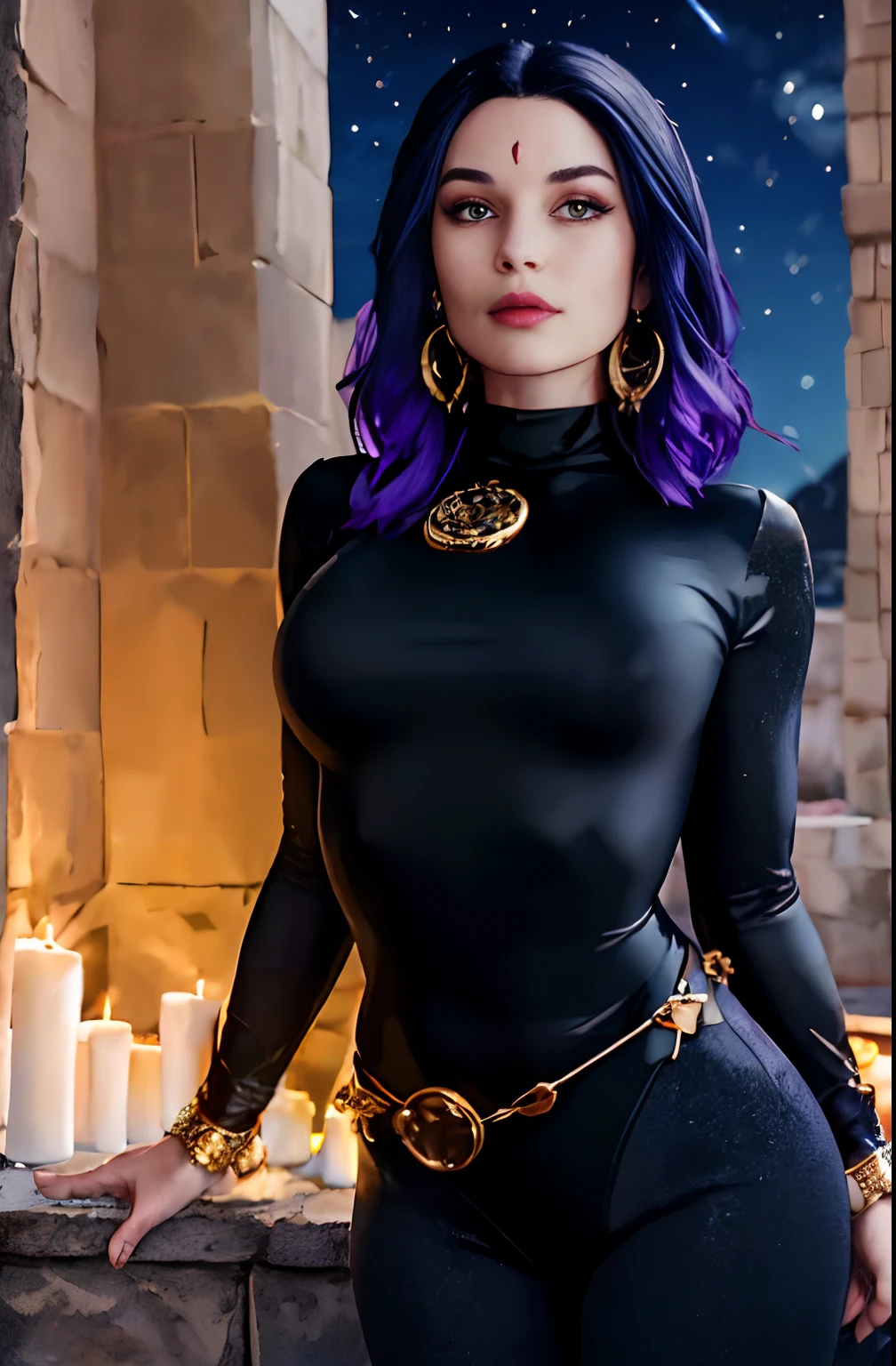 cowboy shot of  alinitydivine as rvn, hotraven, beautiful face, detailed face, pale skin, black leotard, turtleneck, tights, gold belt, jewels, medallion, athletic, looking at viewer, night, dark temple,  best quality, masterpiece, intricate details, tonemapping, sharp focus, hyper detailed, realistic