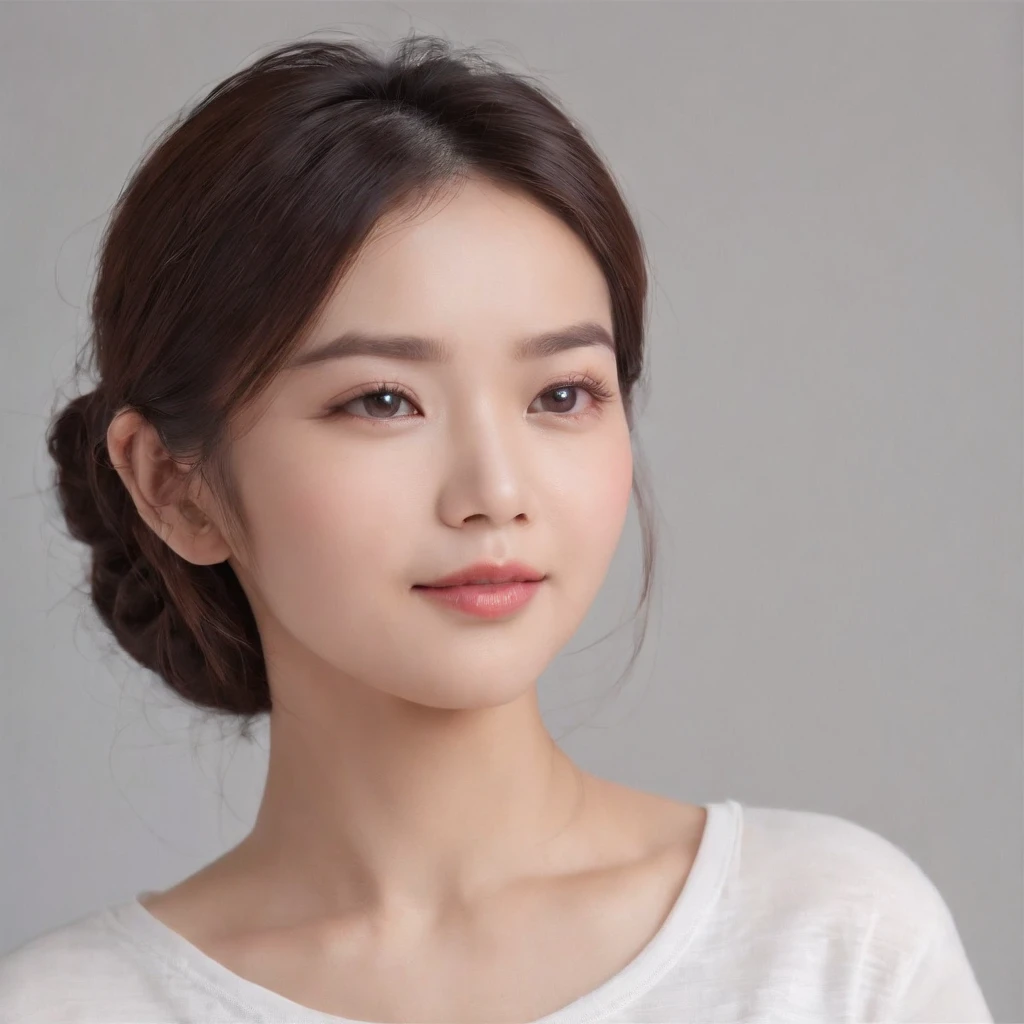 (Photo: 1.3) af (realistic: 1.3), East Asian woman, soft light, clear face, (front), ((white T-shirt)), cheerful, warm light, ((gray-white gradient background)), (background)) ,avatar,(short hair),beautiful,young,,short hair,((avatar))