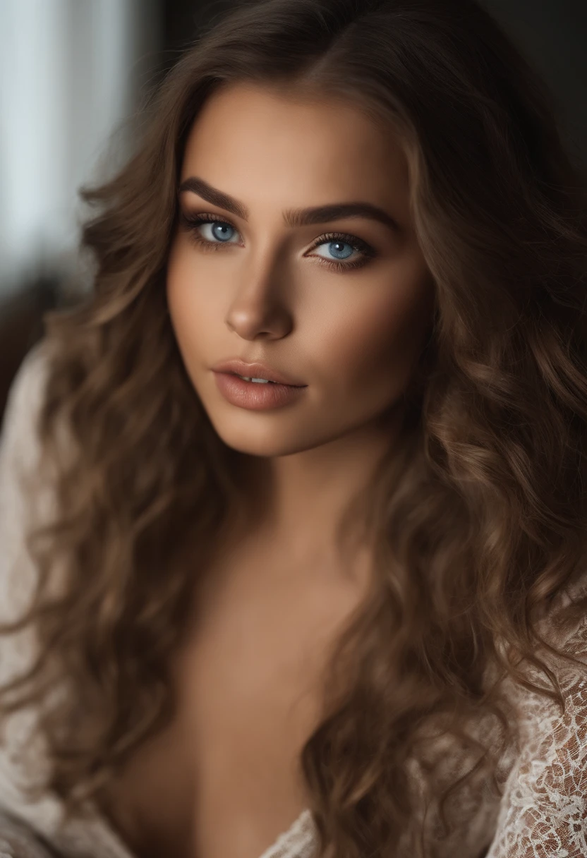 Arafed woman completely , Sexy girl with very blue eyes, ultra realist, Meticulously detailed, Portrait Sophie Mudd, cheveux bruns avec des reflets blonds et de grands yeux, selfie of a young woman, Dubai Eyes, Abella Danger, sans maquillage, maquillage naturel, Looking directly at the camera with desire, Visage avec Artgram, Maquillage subtil, Great photo of the whole body kneeling on the bed, dans la chambre, Medium to large bust