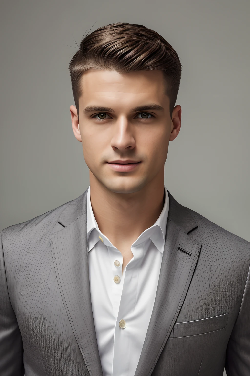 perfectly straight in front of the camera, detail skin texture, (Best Quality:1.4), 8K resolution, High resolution, (Photorealistic, High resolution:1.4), Raw photo, (Realistic, Photorealsitic:1.37), half body, portrait, half body, half body, Russian, Handsome Caucasian Male, Super Model, 27 Years Old, white male avatar, soft light, face in focus, happy, cheerful, warm light, ((gray white background)), ((gray white background)). ((gray wall background)), avatar, (very short hair), in a modern fashionable jacket and shirt, handsome, young, green eyes, crew cut, very short hair, crew cut, round face, brown hair, shaved, very clean shaven, perfectly straight in front of the camera, hyperealistic, detailed, naturalistic portrait, positioned exactly in front of the camera, very detailed eyes, perfectly straight in front of the camera, high quality, film grain, Fujifilm XT3, Russian face, half body, half body, Russian or Ukrainian, brown hair, blond, round face, crew cut, very short hair, crew cut, crew cut, very short hair, crew cut, shirt buttoned, jacket, modern fashionable jacket, classic jacket, maybe a tie, perfectly straight in front of the camera,