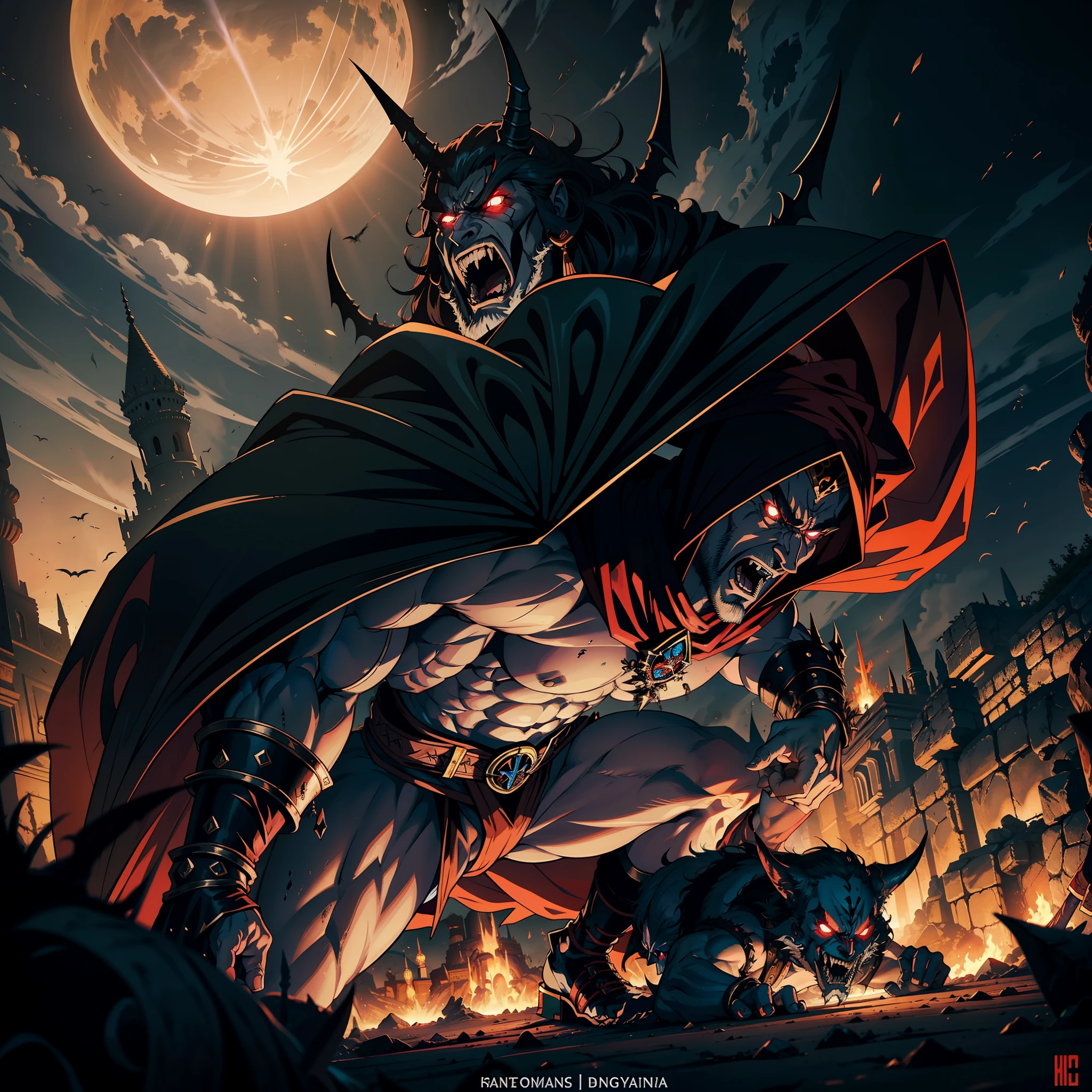 Castlevania Hyper Realistic Shadow Lord Super Detailed Dynamic Shot Master Piece of Lord Dracula Medieval Arab Warrior with Red Turban Scary Face Hokuto No Ken Structure Muscular Face Kenshiro in the Desert Thunder Storm Legendary Moroccan epic battle surrounded by demons and 3 scary demons Speaking of old rolls Cinematic Scenes Epic Movie Hyper Realistic Movie Legendary Movie Epic Movie Epic Movie Epic Movie Epic Movie Enlarged Movie 3D View Lower Angle