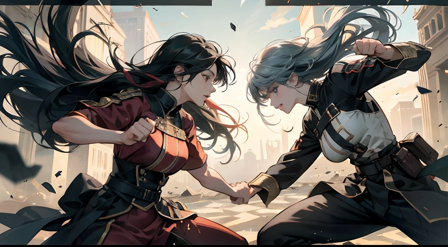 Two women beating each other、Cracked ground、turbulence、Anger expression、Crossed fists、Fighting、Battle Pose、Artistic action game depiction、Beautiful battle scenes、Delicate battle art、High-quality action movie depictions、Battle Cartoon、animesque、Delicately expresses smooth skin texture down to the smallest detail、The manifestation of smooth muscle texture、Vibrant depiction、Reproduction of the feeling of sprinting、Drawing left and right targets、Long haired woman with black hair and red highlights、Long haired woman with blue highlights on gray hair、