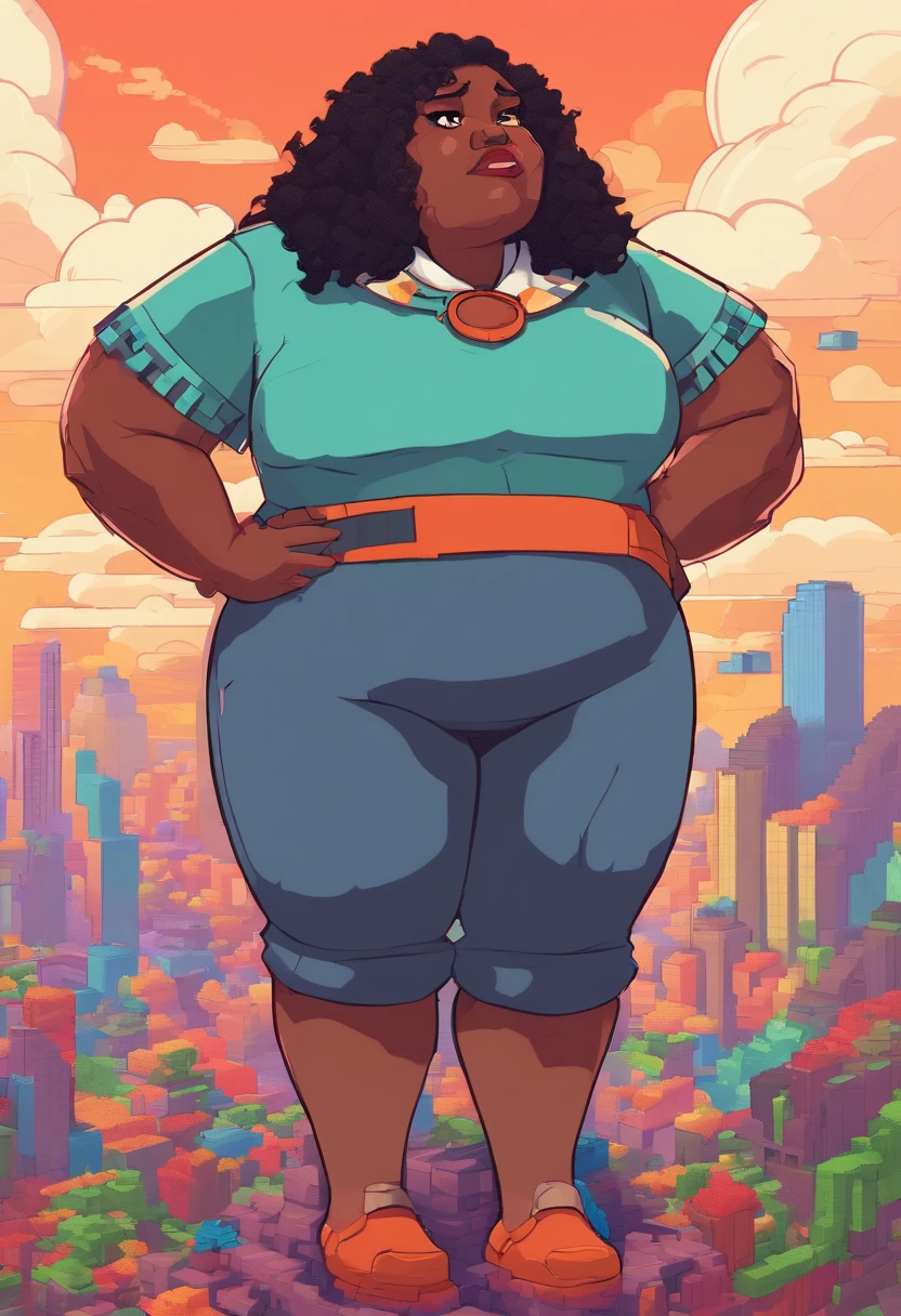 beautiful, outside, giant, head in clouds, curly hair, heavily overweight, , morbidly obese black woman, wearing a collar, moaning, looking pleasured, 100-feet-tall, full-body-pic, 300 pound