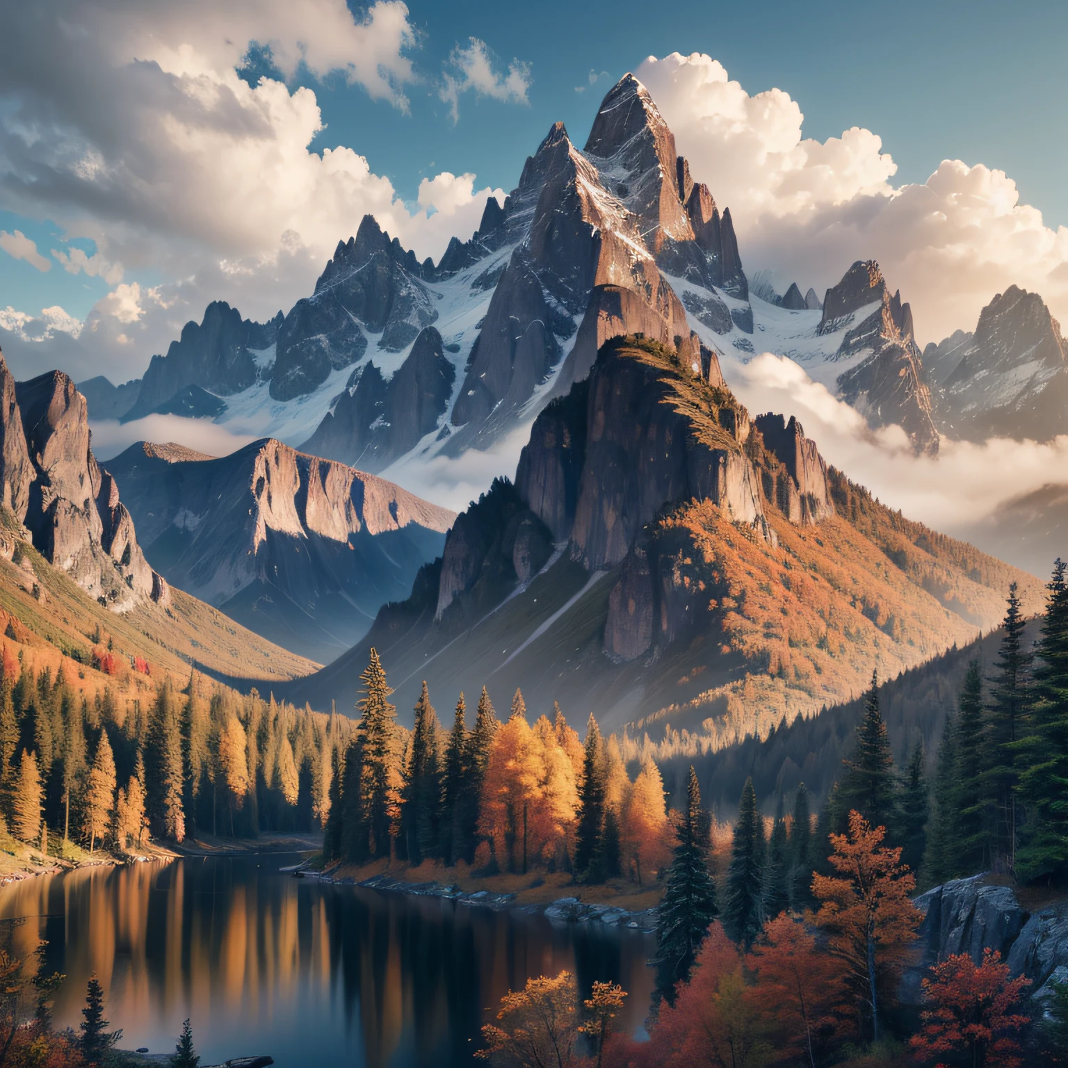 scenecy，Eau，（Very detailed CG unity 8k wallpaper），Nursing homes of the world，On the most beautiful artwork，Professional majestic oil painting，iintricate，high detal，sharp fokus，dramatics，autumnal，mountain ranges，ln the forest，Mare，Skysky，​​clouds，mountain peaks，