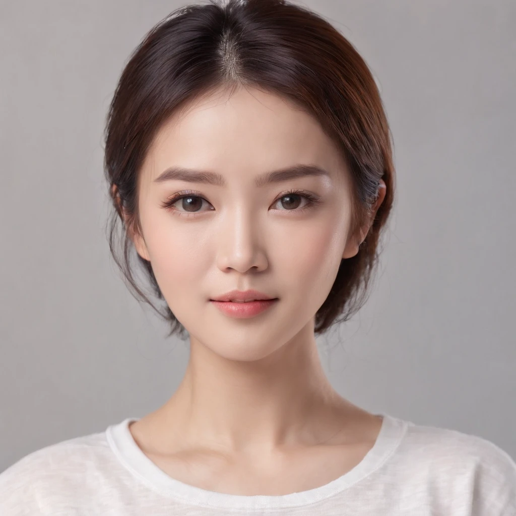 (Photo: 1.3) af (realistic: 1.3), East Asian woman, soft light, clear face, (front), ((white T-shirt)), cheerful, warm light, ((gray-white gradient background)), (background)) ,avatar,(short hair),beautiful,young,,short hair,((aupper body))