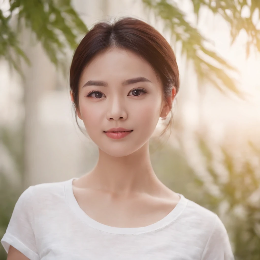 (Photo: 1.3) af (realistic: 1.3), East Asian woman, soft light, clear face, (front), ((white T-shirt)), cheerful, warm light, ((gray-white gradient background)), (background)) ,avatar,(short hair),beautiful,young,,short hair,((aupper body))
