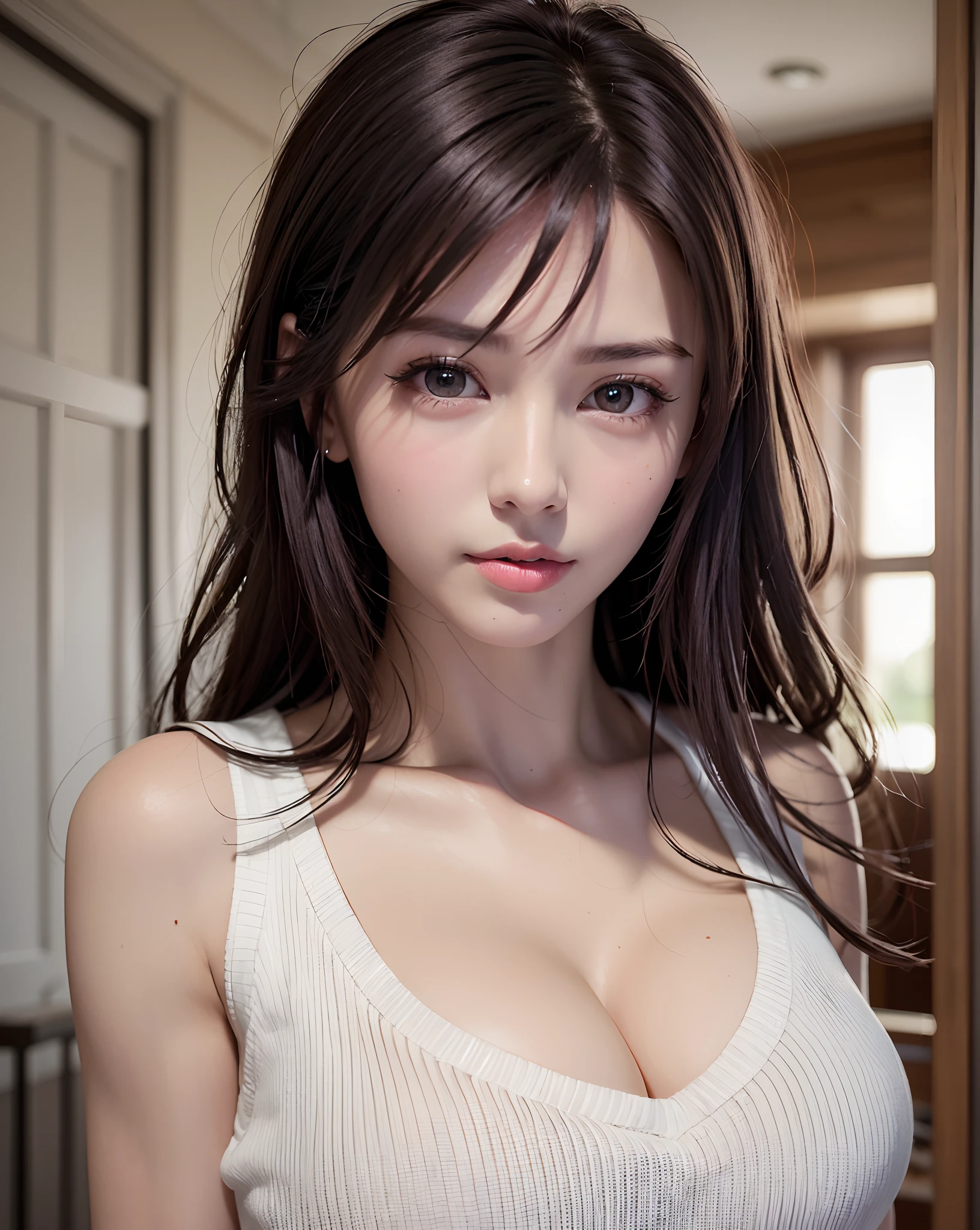 (in 8K, top-quality, masterpiece:1.2), (realisitic, Photorealsitic:1.37), ultra-detailliert, Natural sunlight, mideum breasts, I can see the cleavage, 1 persons, 25 year old woman, Pendants, Torn shorts, Light Knit V-Neck Shirt, At the time of performance, extremely detailed face and skin, A detailed eye, extremely detailed face and skin