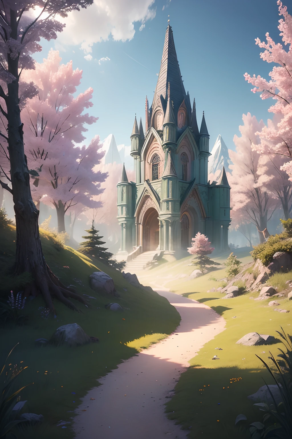 Landscape of a beautiful mystical world, highly detailed, clear photography, photorealistic, soft pastel colours, highly detailed, intricate, path tracing, illustration, insanely detailed, shadow mapping volumetric light, specular lighting