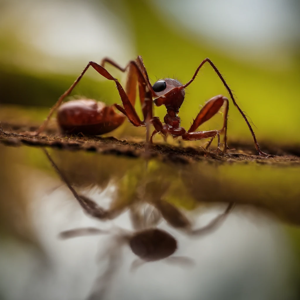 a transparent ant on a leaf,(tmasterpiece,best qualityer:1.2),the rule of thirds、200 mm 1.4F macro shooting,very delicate beautiful,the best lights,The best shadow,Render the background, stylized 3d render,Beautiful scenery, Autumn, Red maples fly, Long lens tracking photography