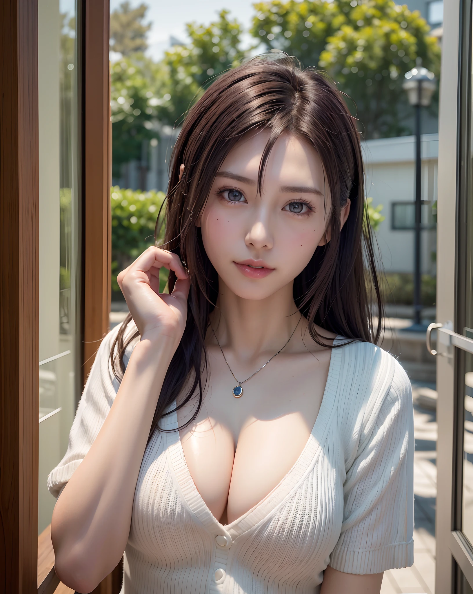 (in 8K, top-quality, masterpiece:1.2), (realisitic, Photorealsitic:1.37), ultra-detailliert, Natural sunlight, mideum breasts, I can see the cleavage, 1 persons, 25 year old woman, Dark hair, Pendants, Torn shorts, Light Knit V-Neck Shirt, At the time of performance, extremely detailed face and skin, A detailed eye, extremely detailed face and skin