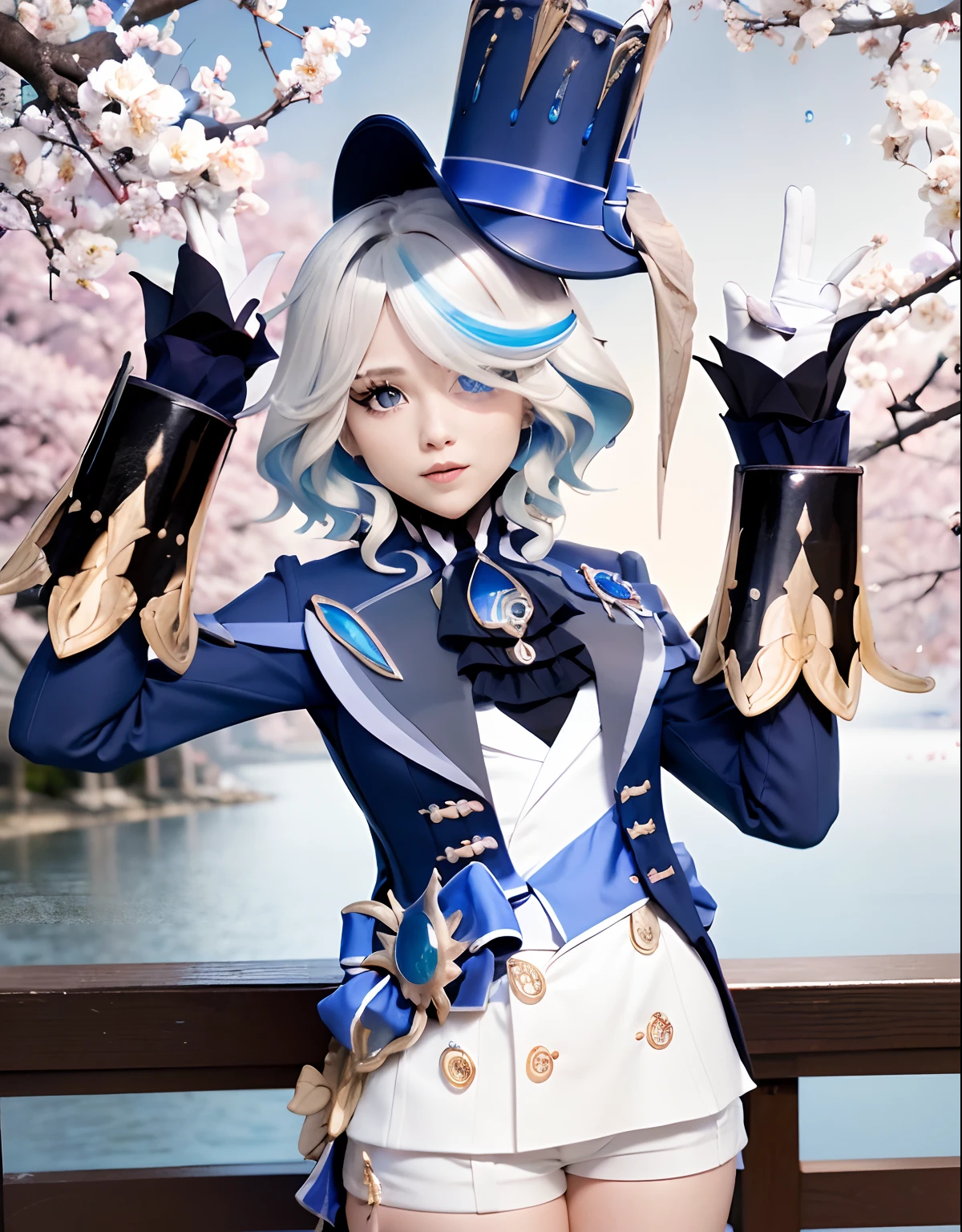 masutepiece, Best Quality, Ultra-detailed, glistening shiny, Glowing light, Ray tracing, nffsw, deph of field,Raw photo、realisitic、8K、 (Perfect face, Detailed face, Detailed eyes,Perfect hands),(medium boobs:1.2),8K,hard disk,An ultra - realstic face,Ray tracing,Perfect Lighting,Best Quality, Ultra-detailed, shiny eyes, (Looking at Viewer,Smile with open mouth:1.1), ((1girl in)), (maturefemale:1.4),Cowboy Shot,thighs thighs thighs thighs,POV,
Furina,Long hair,((Gradient Hair)),multicolored eyes, Gradient Eyes, (Glowing eyes:1.5), mascara, (fashion make up), Parted lips,blush,Shirt, gloves, Long sleeves, hat,Jewelry,Jacket, White shirt, flower,Shorts, Black Gloves,ascot, Thigh strap, Blue jacket, brooches, Pedras preciosas, blue headwear, blue flower, White shorts, hat flower, Blue Rose, Inclined hat, blue gemstone, Blue Ascot
((In the middle of the Japan countryside,Japan Bridge,Across the bridge,River,cherry trees,Cherry blossom petals,Dark blue sky,Sichuan carp)),(Complex background, Many elements of the background:1.2),((hyper detailed background)), Mistress pose, ((8K Wallpaper)),