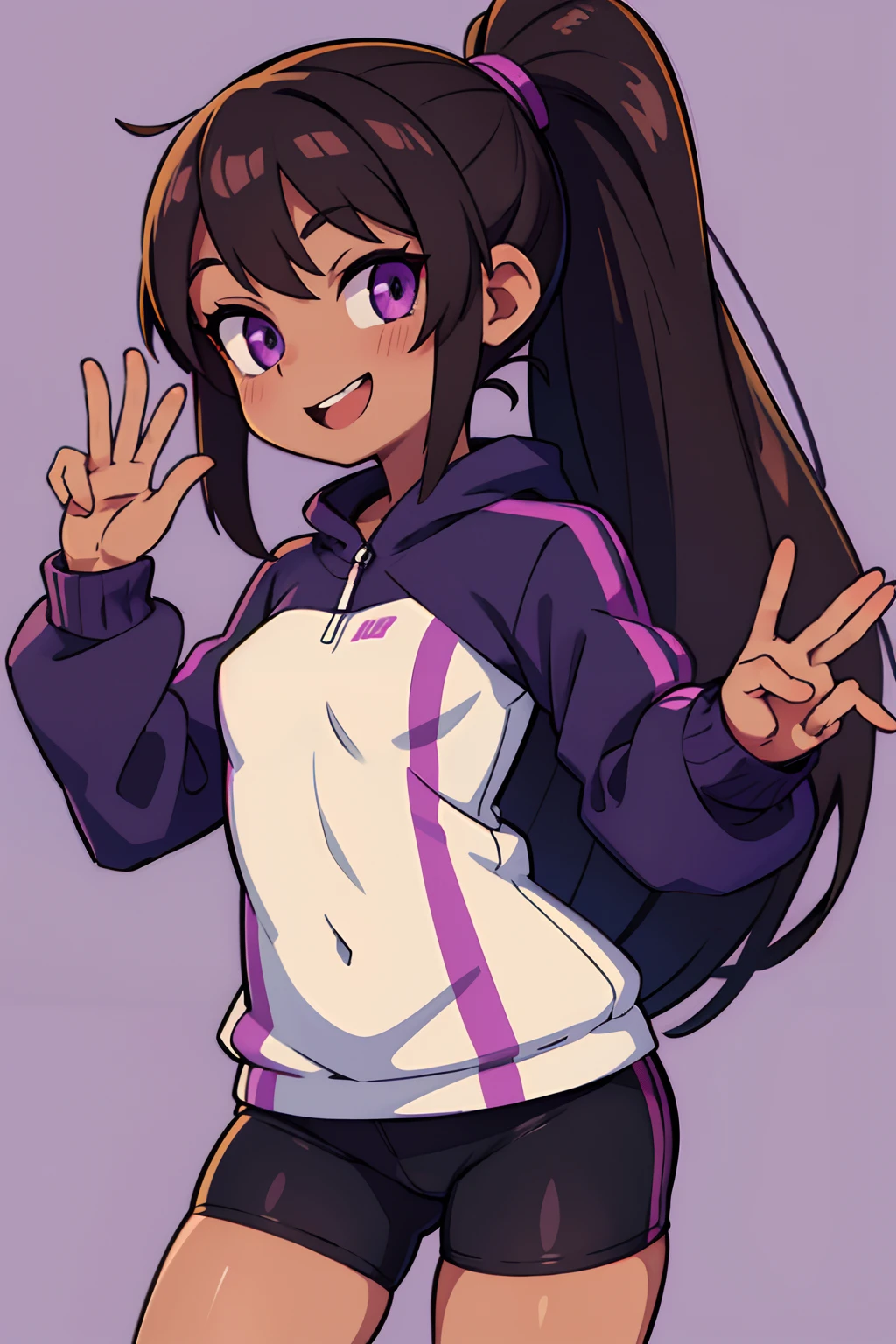 brown skinned anime adult, purple eyes, wearing a gamer outfit, black long hair, beautiful, petit, skinny, ponytail hair, small boobs, waving hand and has big smile