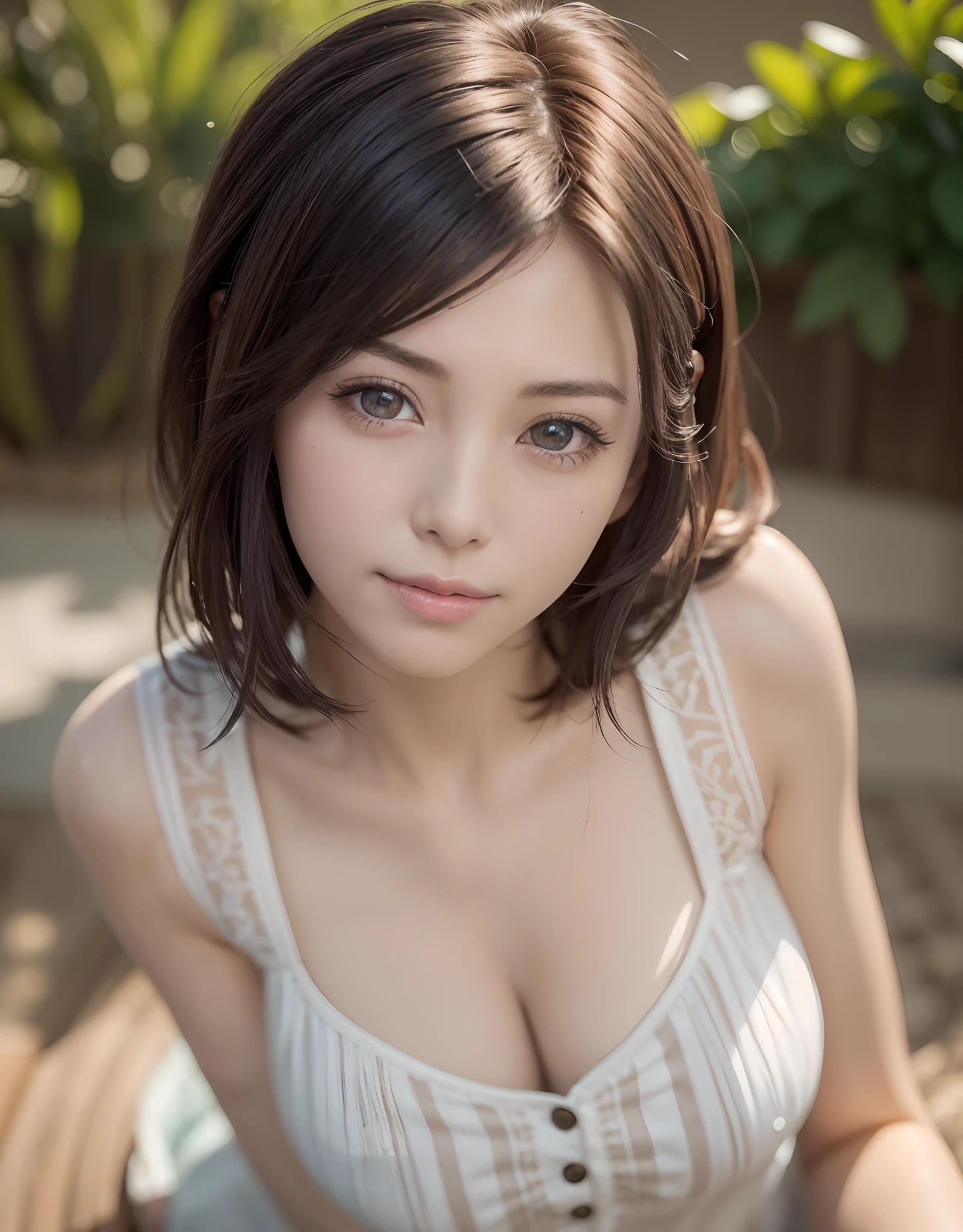 ((((masutepiece, Best Quality, High resolution)))), extremely detailed 8K, Beautiful girl with slim body, (Ultra HD, Ultra-detailed, Highly detailed, Highly realistic, Ultra-realistic, photos realistic), (1girll), short wavy hair, bob cuts, facing at camera, lightsmile, Purple eyes, (beautifull detailed face, Beautiful detailed eyes), Sweat, (rays of sunshine, Sunlight),