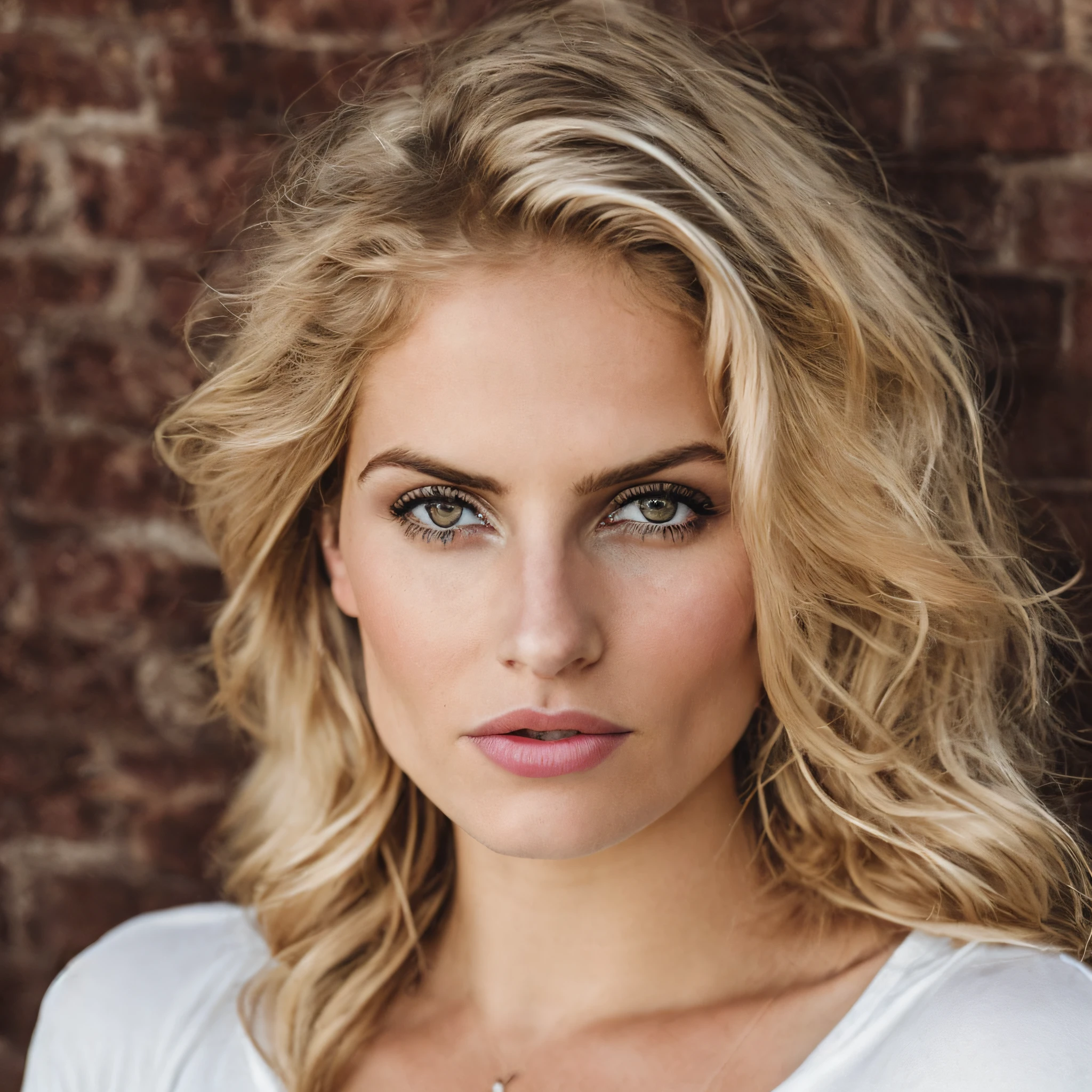 Portrait of a young French and Spanish woman, blonde, sexy, tshirt rose, sharp eyes, photo