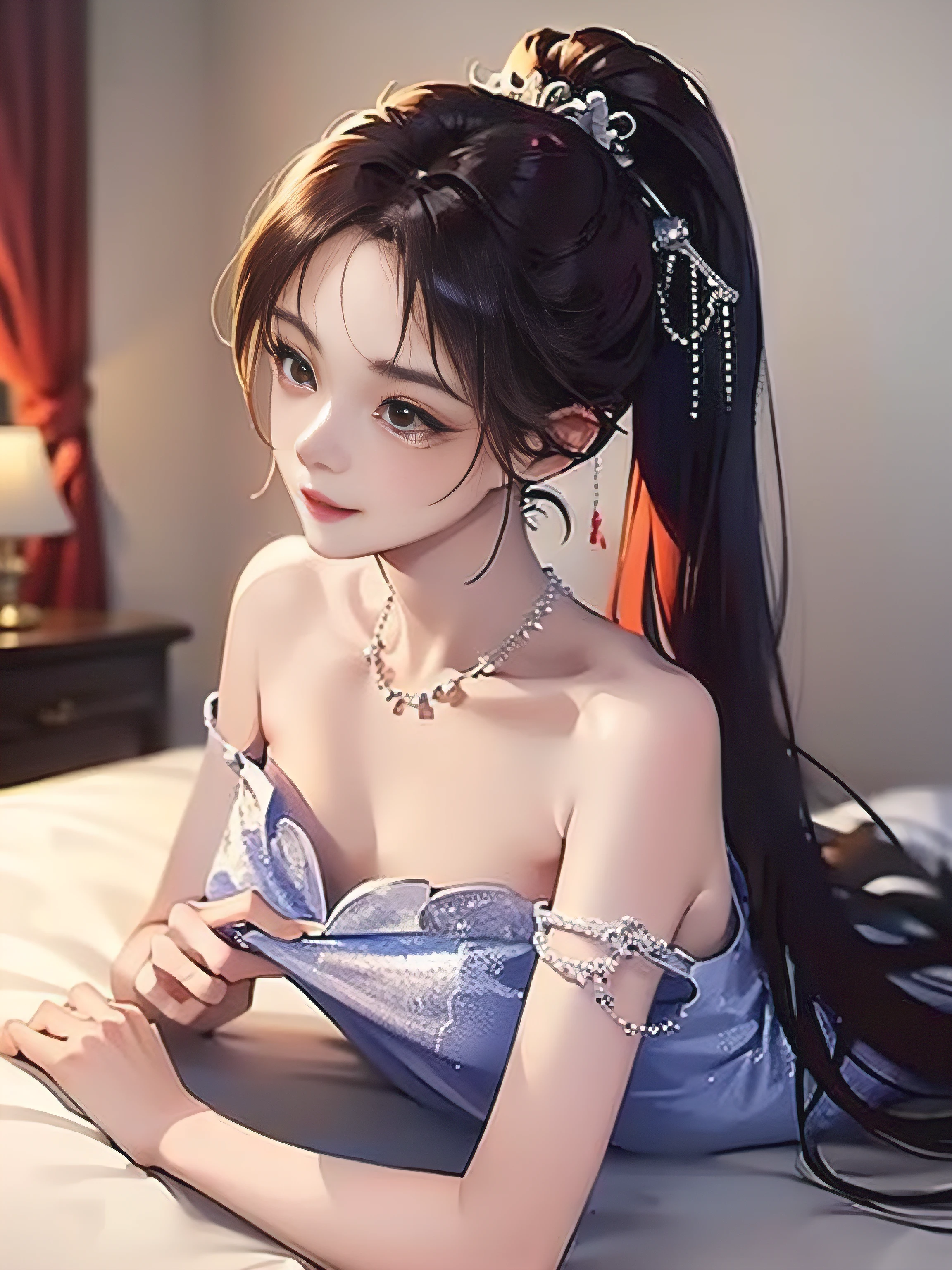 Best quality, Masterpiece, A high resolution, 1girll, Comely,Color hair，red eyes（wistful look）， hair adornments,Detailed nose and eyes are depicted ,,ssmile（Blushing and shy）,Lips, （比基尼（the detail））,hair adornments, necklace, jewelry, High ponytail, , Beds（ your ass，get down on the bed）, breasts in（Portray the details）, (arms at sides:1.2), （full bodyesbian（Wear transparent panties）（Detailed description of the hand（Five fingers））），The body is clearly depicted（Positive facial features），Lie down in bed（Spread your legs），hand grasping chest